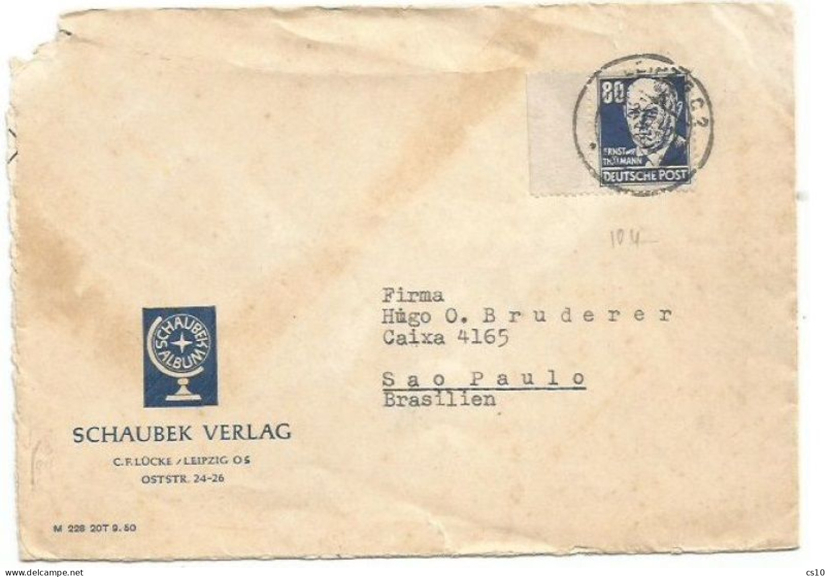 Germany Soviet Zone Regular Thalmann Pf.80 With Margin Solo Franking CV Leipzig 12feb1951 X Brasil Scarce  Destination - Lettres & Documents