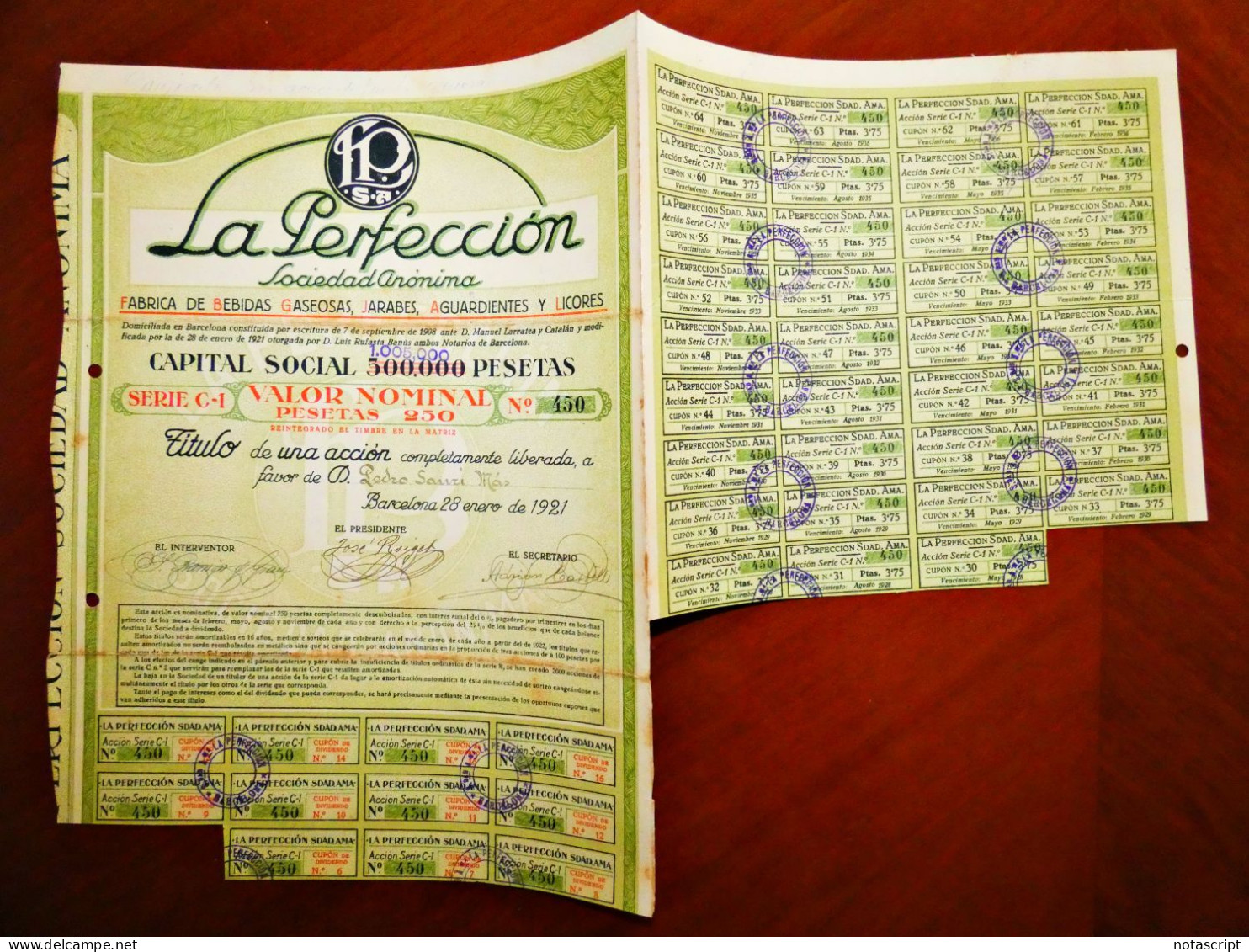 La Perfección SA, Beverages, Barcelona 1921 Share Certificate - Altri & Non Classificati