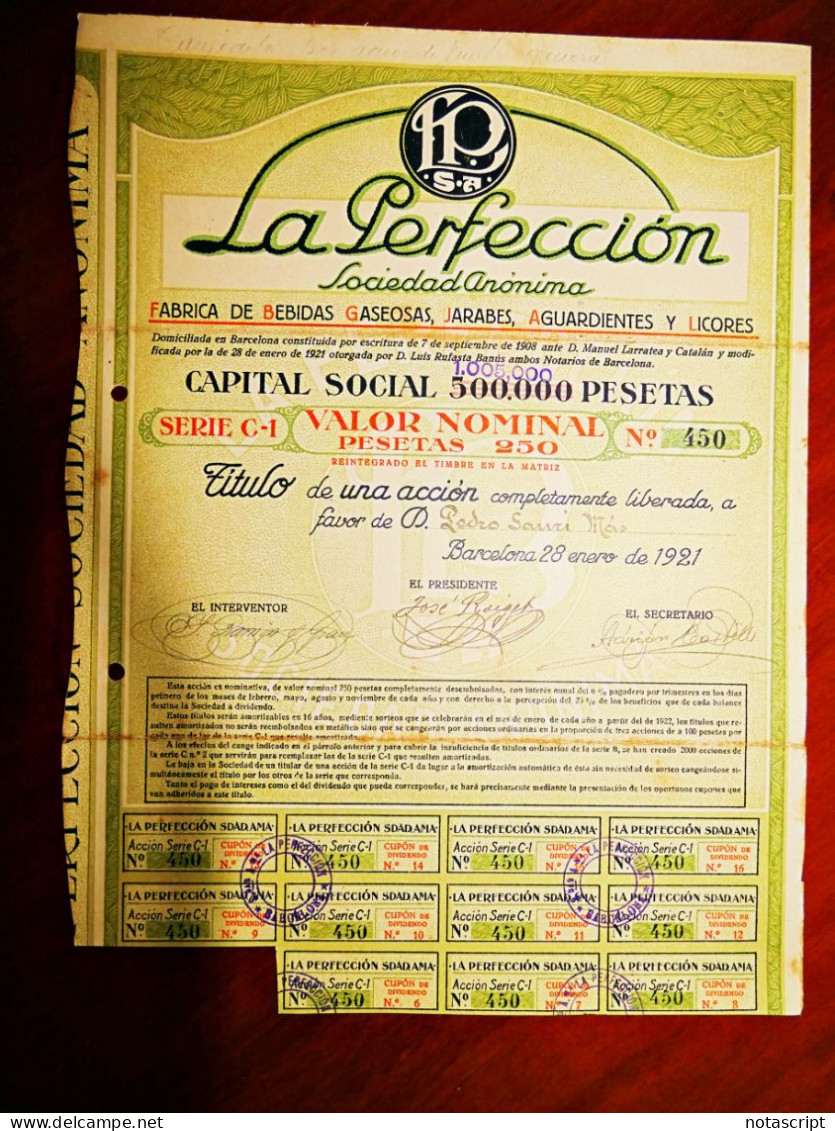 La Perfección SA, Beverages, Barcelona 1921 Share Certificate - Altri & Non Classificati