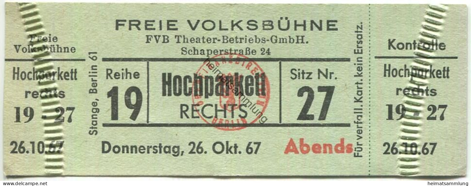 Deutschland - Berlin - Freie Volksbühne - Schaperstrasse 24 - Eintrittskarte 1967 - Tickets D'entrée