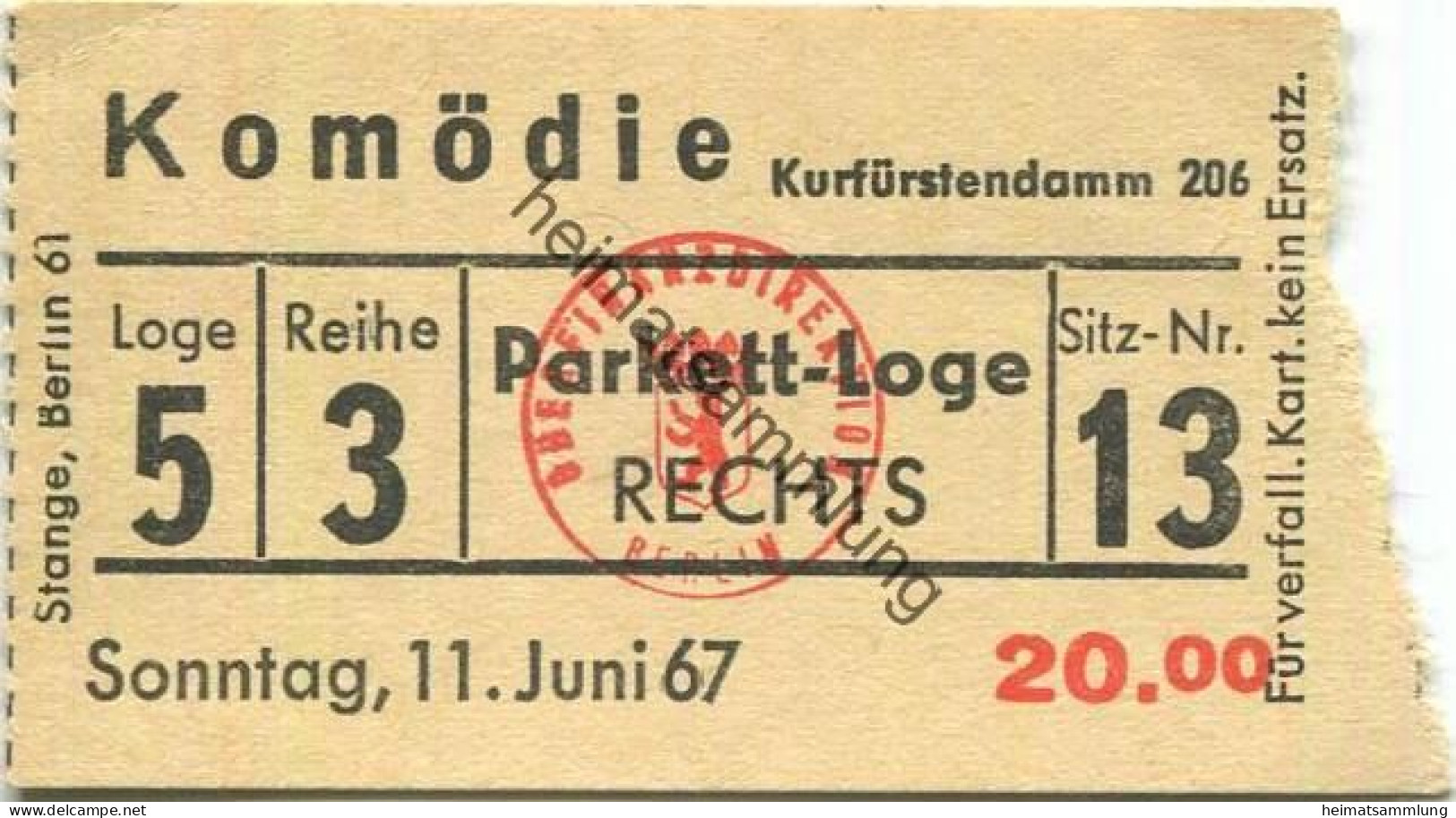 Deutschland - Berlin - Komödie - Kurfürstendamm 206 - Eintrittskarte 1967 - Biglietti D'ingresso