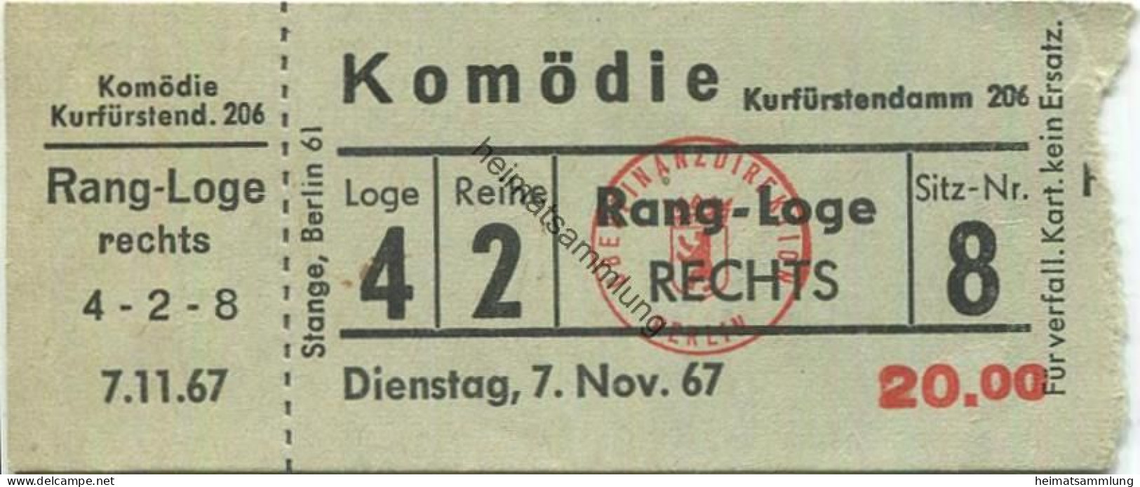 Deutschland - Berlin - Komödie - Kurfürstendamm 206 - Eintrittskarte 1967 - Biglietti D'ingresso