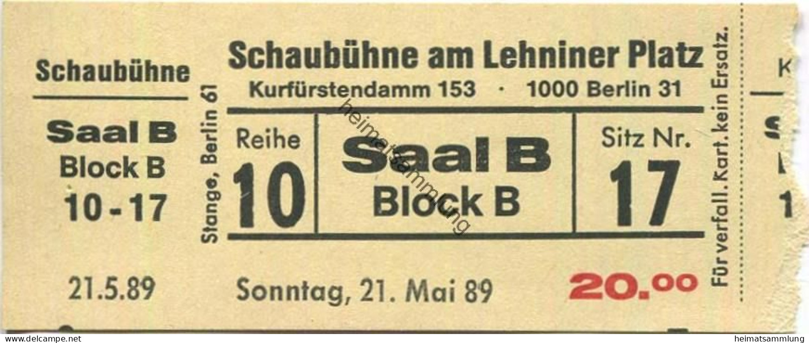 Deutschland - Berlin - Schaubühne Am Lehniner Platz - Kurfürstendamm 153 - Eintrittskarte 1989 - Eintrittskarten