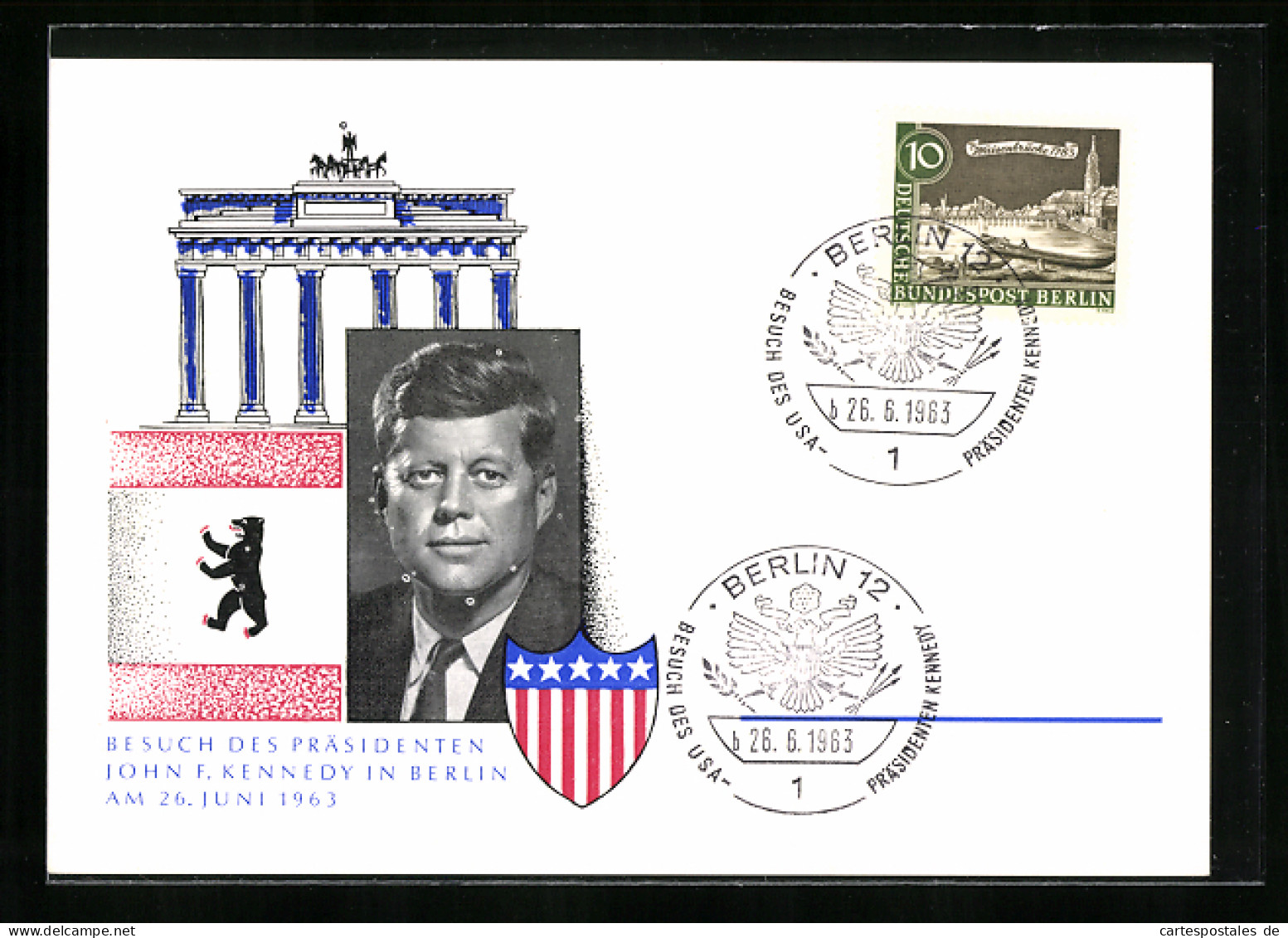 AK John F. Kennedy, Präsident Der USA, Besuch In Berlin Am 26. Juni 1963, Portrait Und Brandenburger Tor  - Politieke En Militaire Mannen