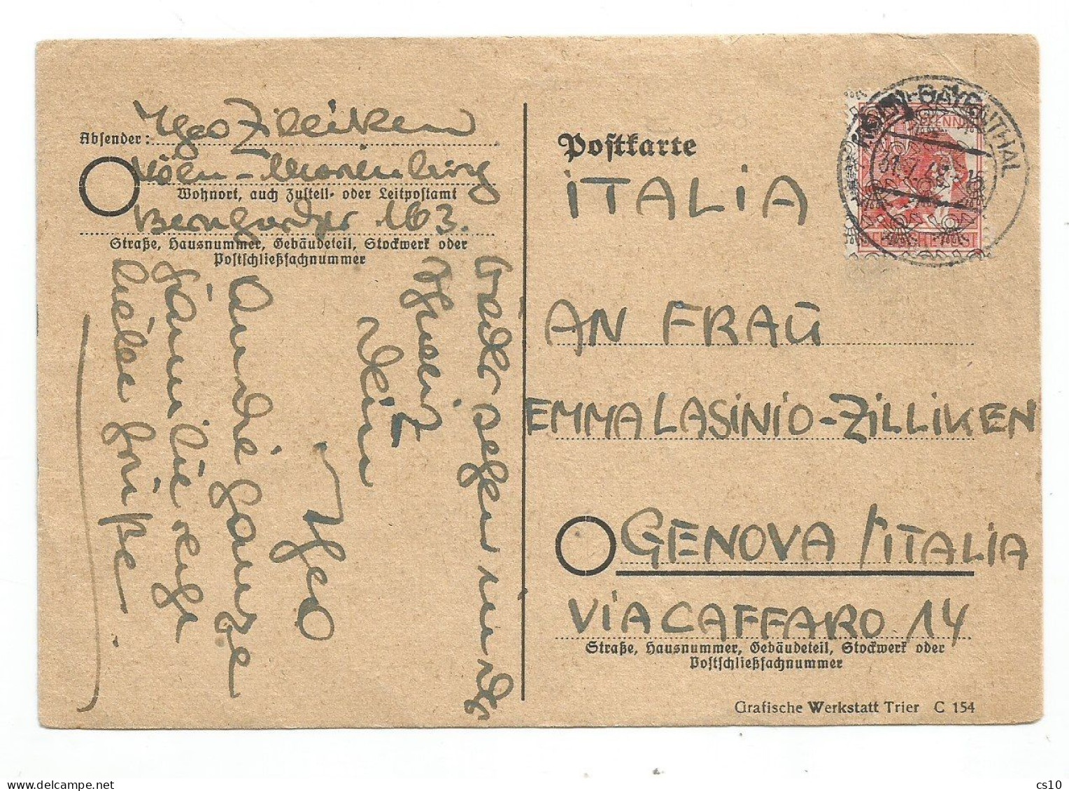 Germany Allied Occ. Regular OVPT Posthorns Pf.30 Solo Pcard 31jul1948 X Italy - Variety Incomplete OVPT Horns - Covers & Documents