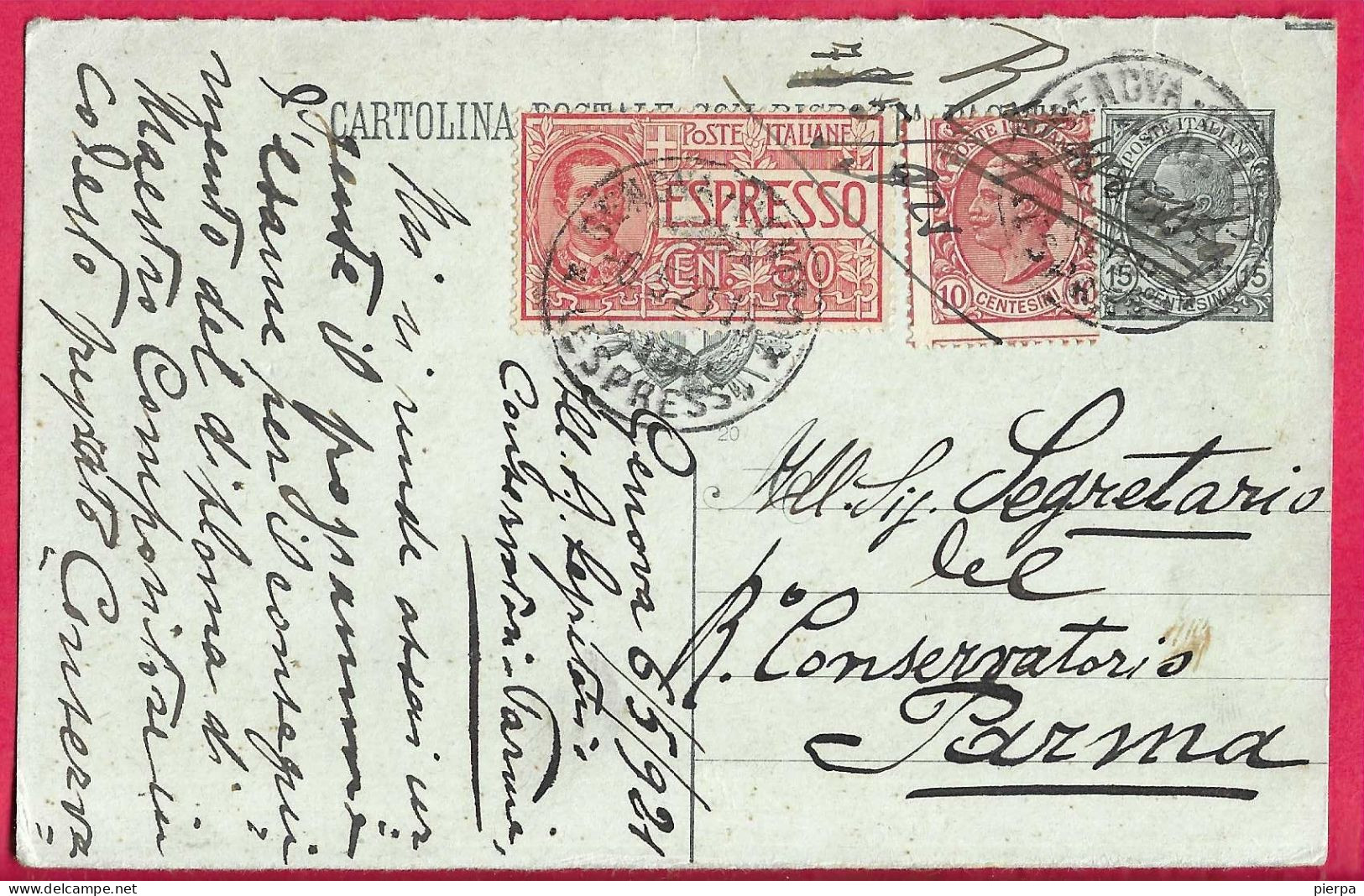 INTERO CARTOLINA POSTALE LEONI C.15(DOMANDA) (INT. 47/20 D) PER ESPRESSO DA GENOVA *6.5.21* PER PARMA - Express Mail