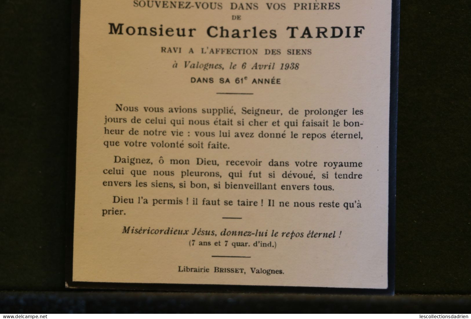 Image mortuaire 1938 Monsieur Charles Tardif Valognes  -  doodsprentje Bidprentje