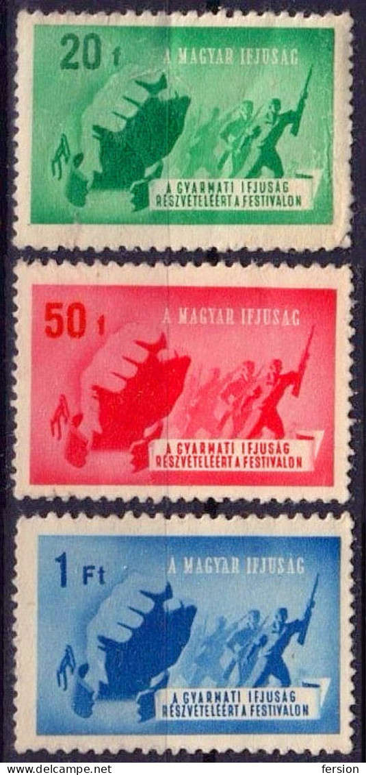 Colony Africa Asia Colonial Youth Festival Charity Military Rifle Gun Fist WFDY 1949 Hungary LABEL CINDERELLA VIGNETTE - Militares