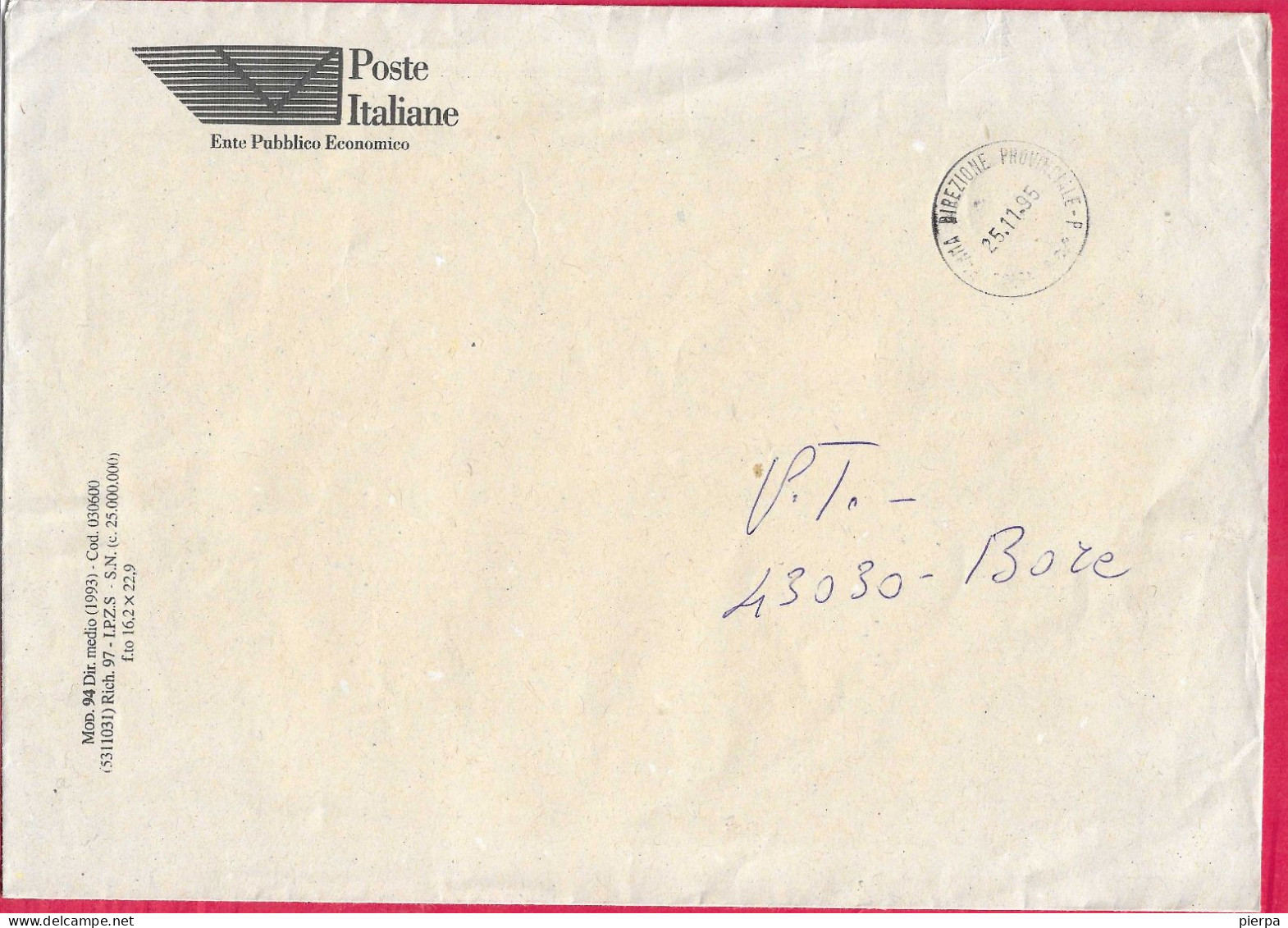 ANNULLO CS " PARMA  DIREZIONE PROVINCIALE -P *25.11.95* SU BUSTA FORMATO A4(MOD 94) PER BORE - 1991-00: Poststempel