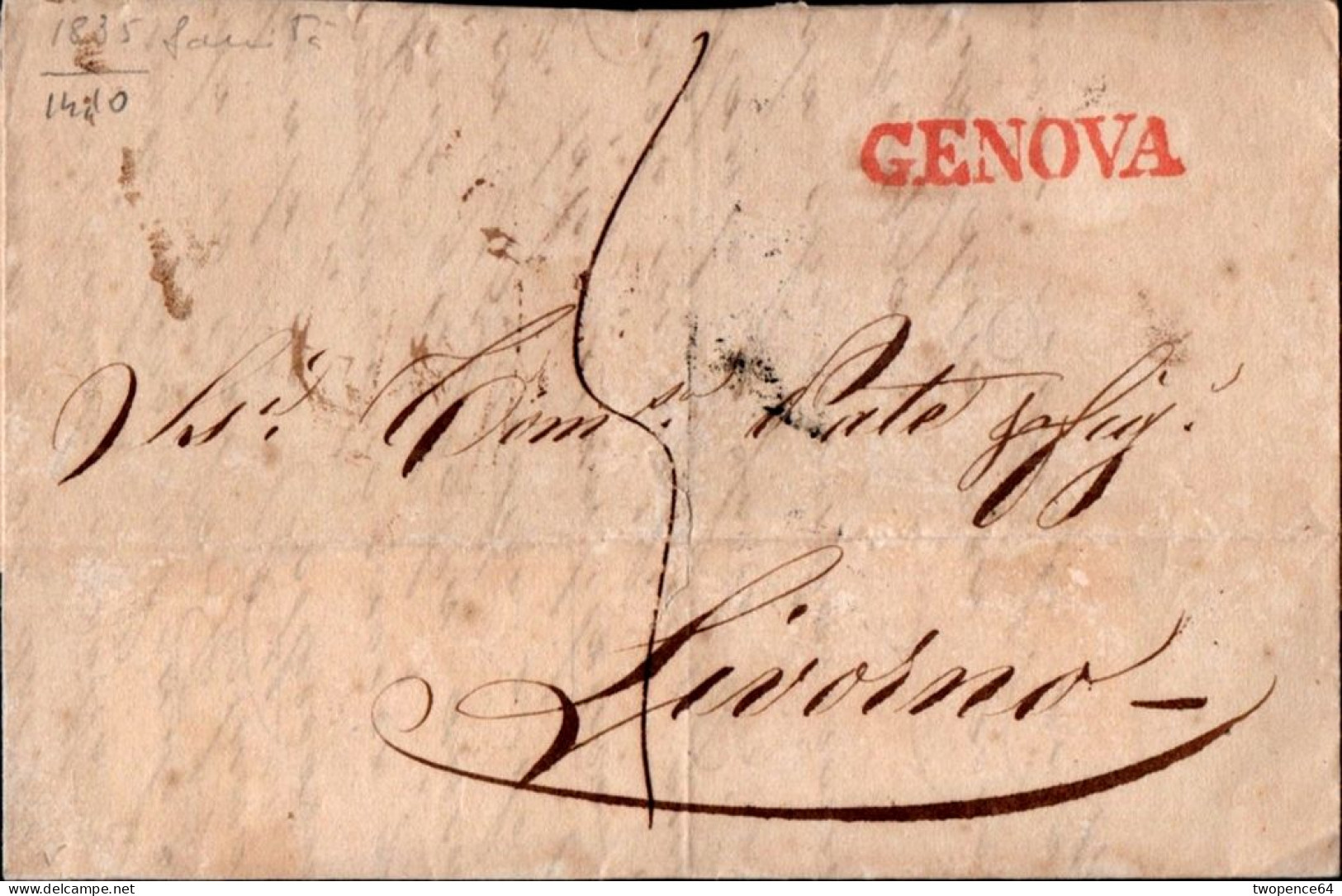 B11 - LETTERA  PREFILATELICA DA GENOVA A LIVORNO 1835 - ...-1850 Voorfilatelie