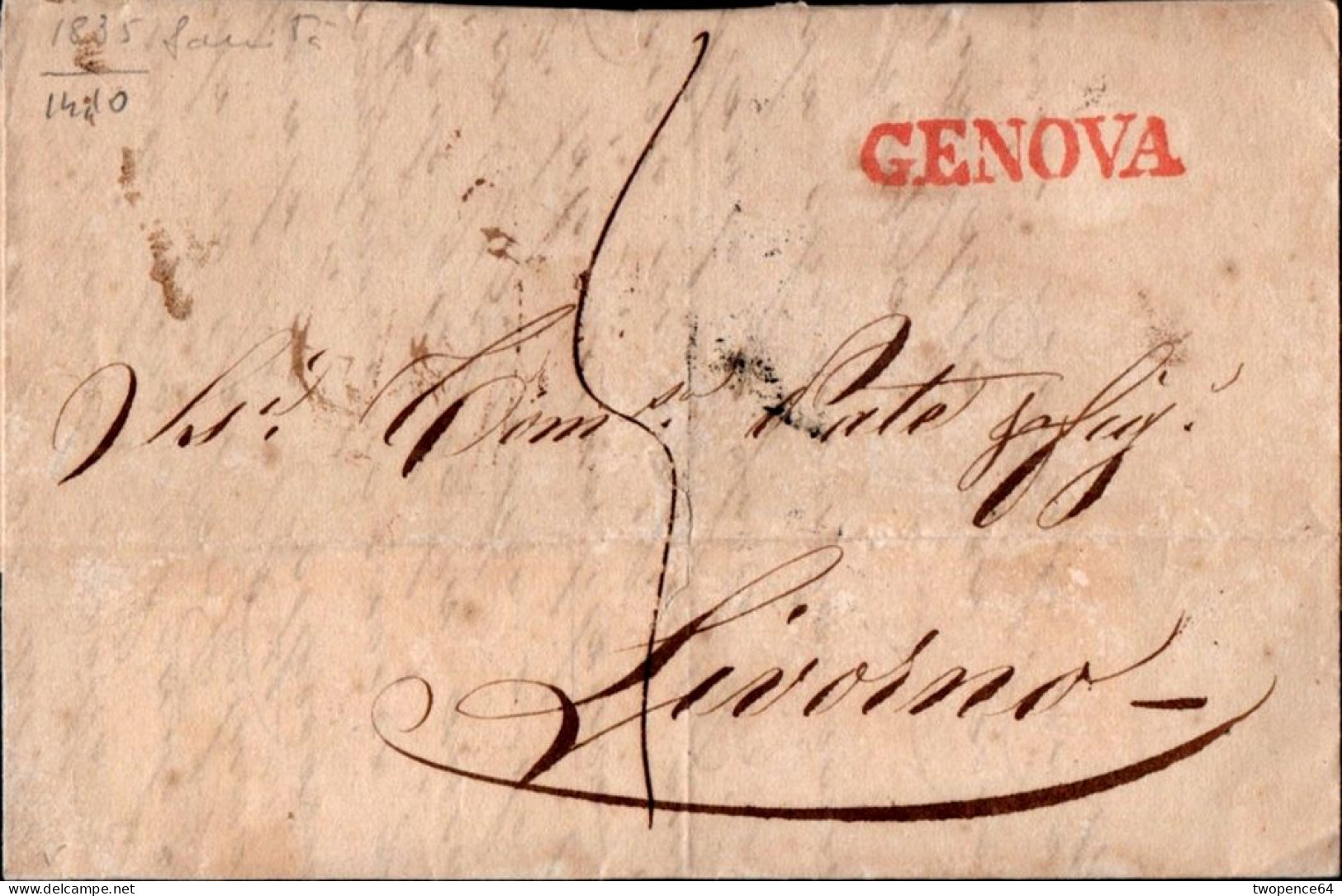 B11 - LETTERA  PREFILATELICA DA GENOVA A LIVORNO 1835 - 1. ...-1850 Prefilatelia