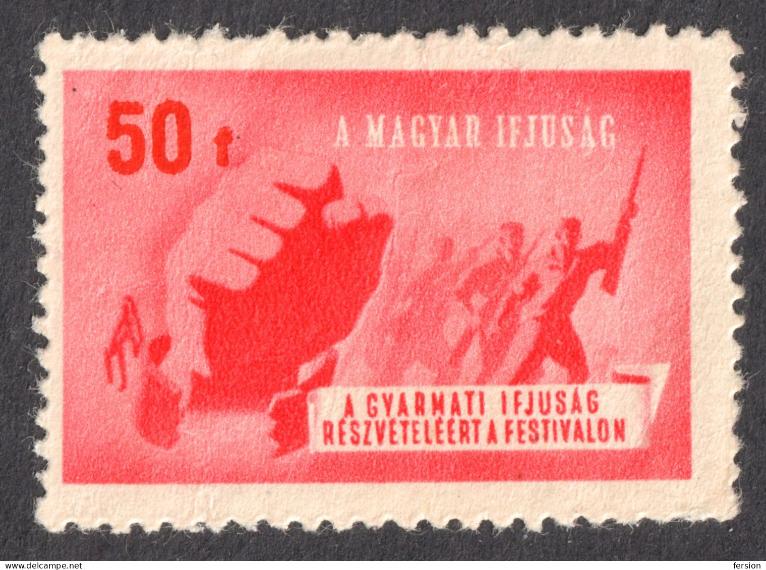 Colony Africa Asia Colonial Youth Festival Charity Military Rifle Gun Fist WFDY 1949 Hungary LABEL CINDERELLA VIGNETTE - Otros & Sin Clasificación