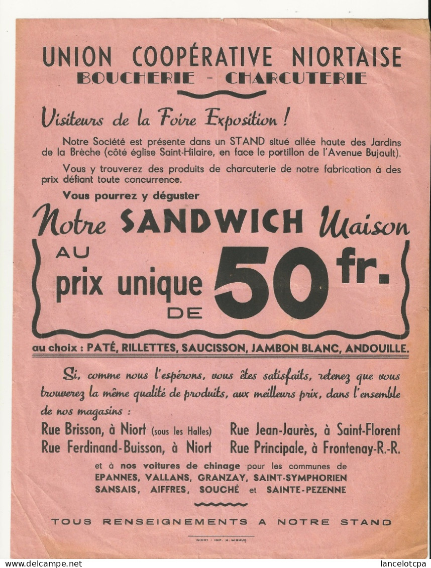 PUBLICITE / UNION COOPERATIVE NIORTAISE - BOUCHERIE CHARCUTERIE à NIORT SAINT FLORENT Et FRONTENAY - Reclame