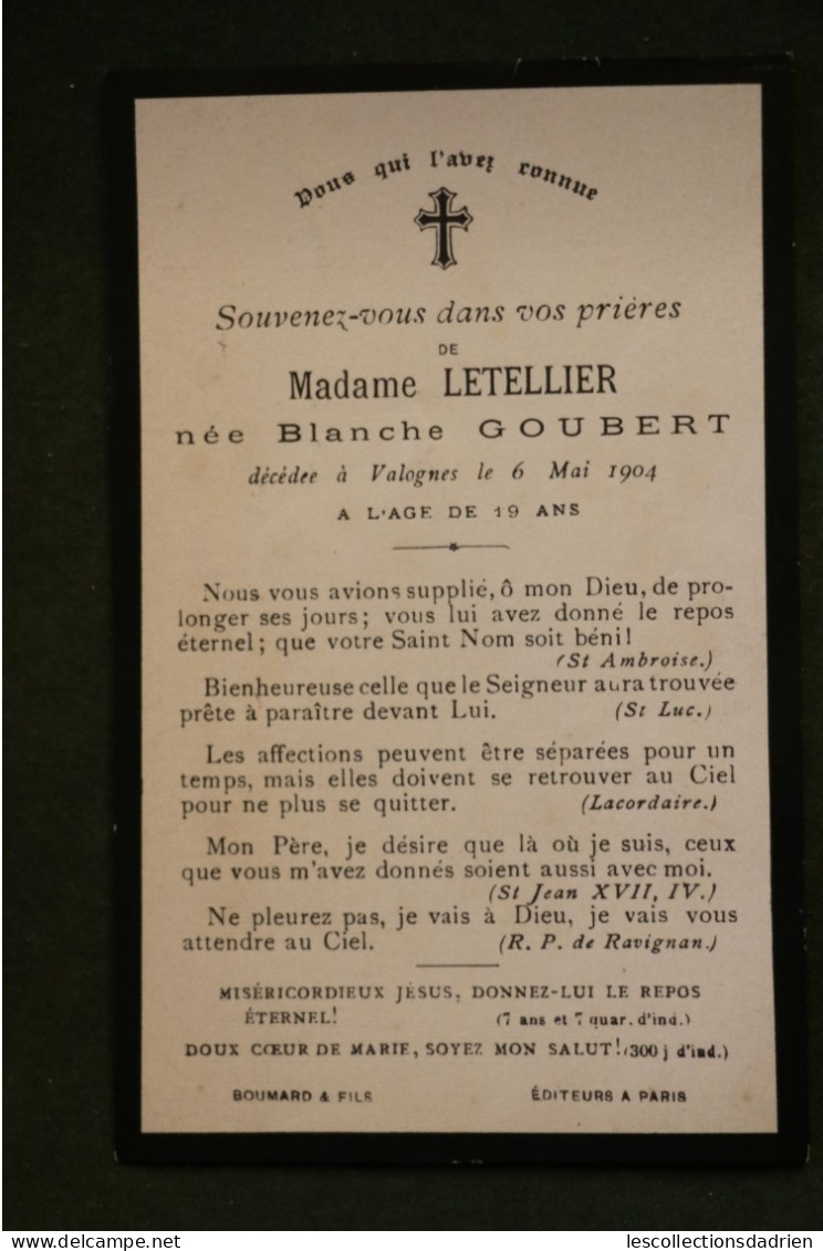 Image Mortuaire 1904 Madame Lettellier Née Goubert  -  Doodsprentje Bidprentje -  Ange Engel Angel - Esquela