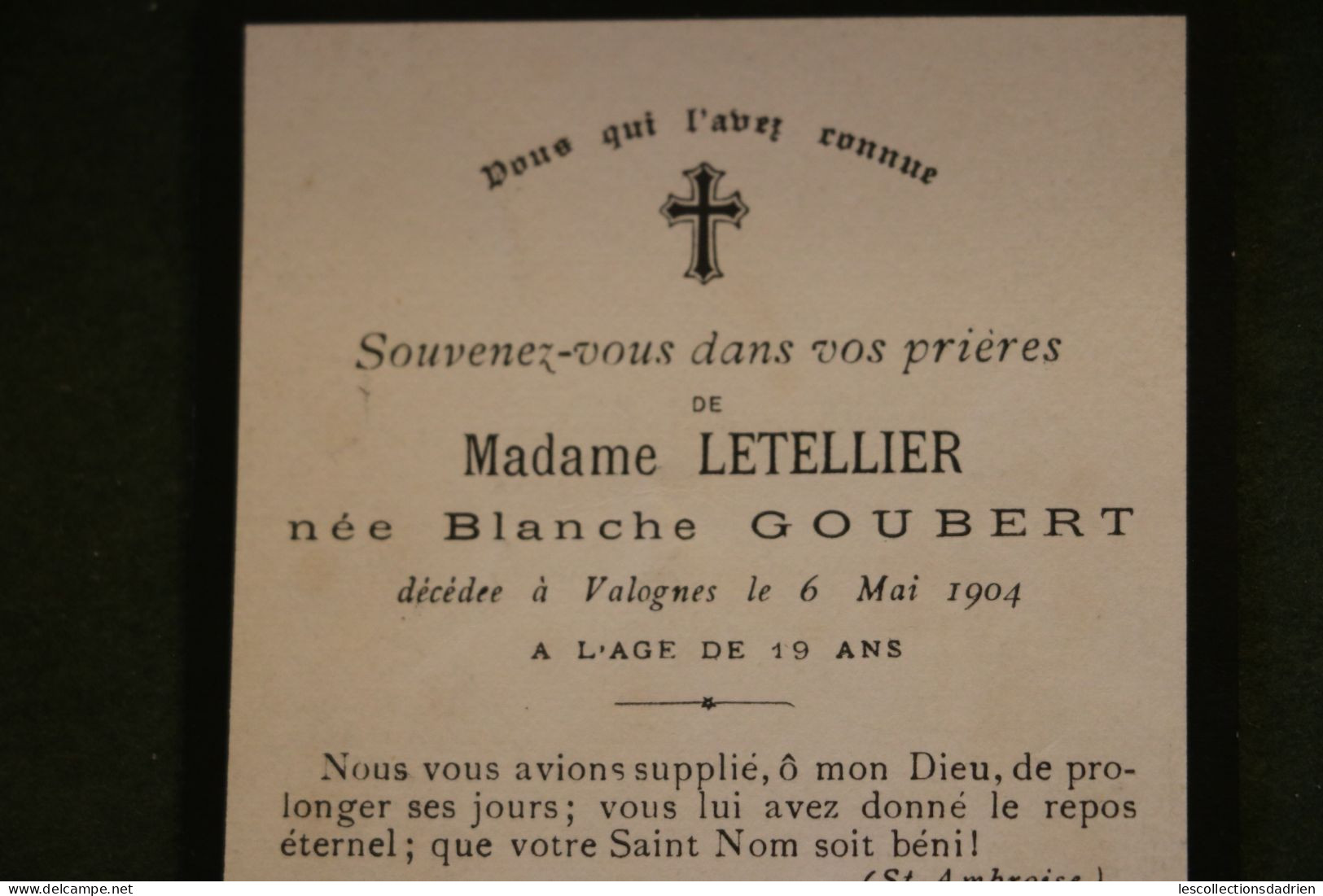 Image mortuaire 1904 Madame Lettellier née Goubert  -  doodsprentje Bidprentje -  ange engel angel