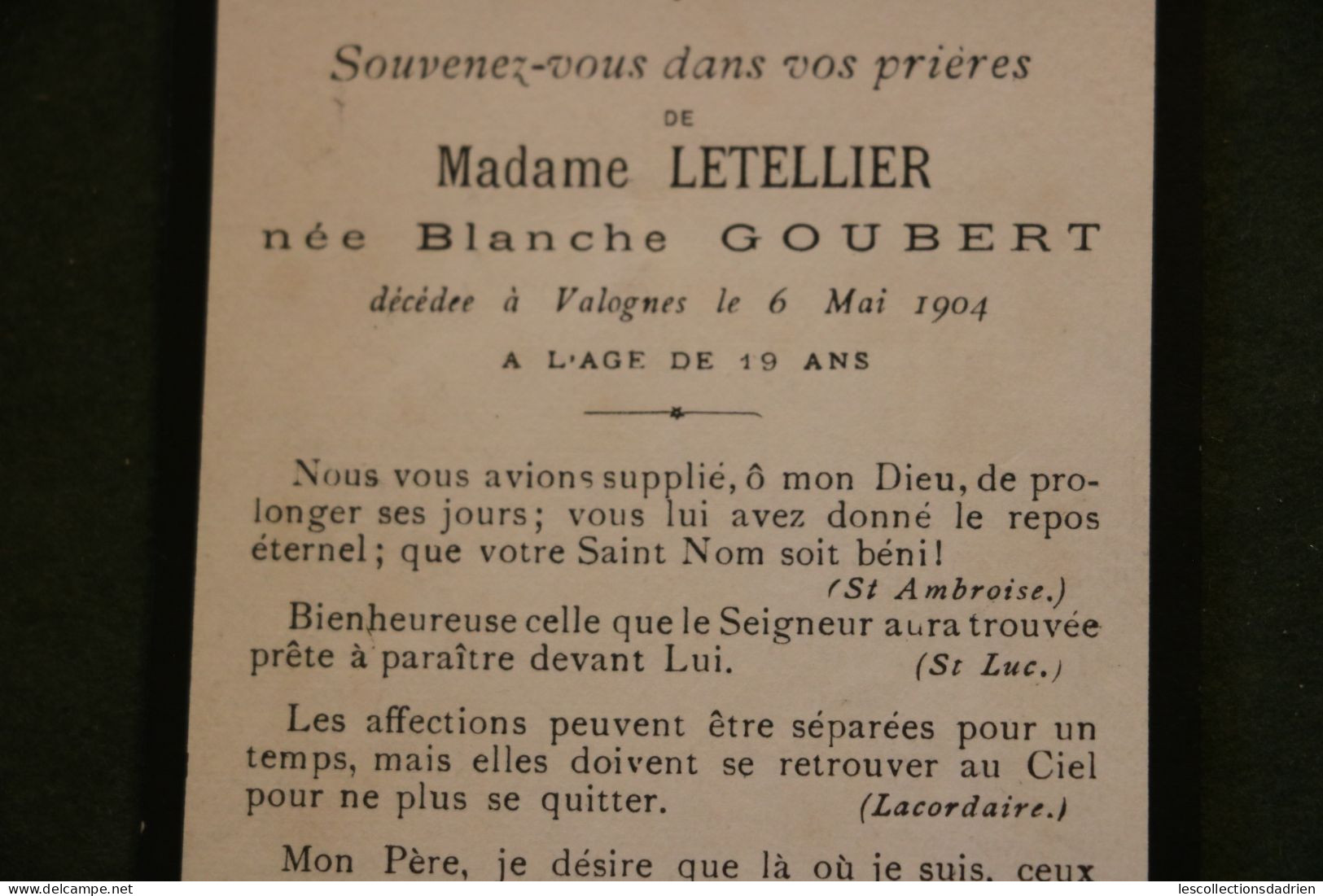 Image mortuaire 1904 Madame Lettellier née Goubert  -  doodsprentje Bidprentje -  ange engel angel