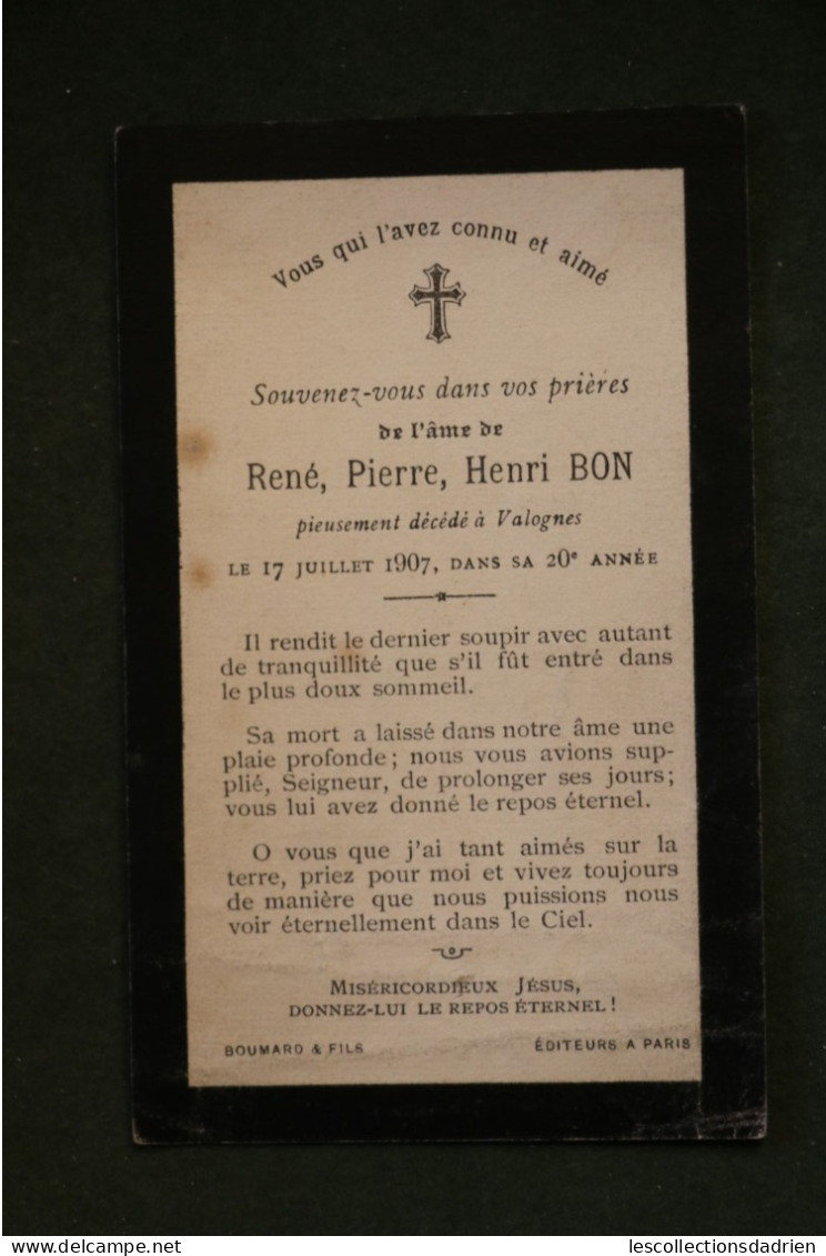 Image Mortuaire 1907 Monsieur René Bon Valogne -  Doodsprentje Bidprentje -  Croix Pensée Colombe - Décès