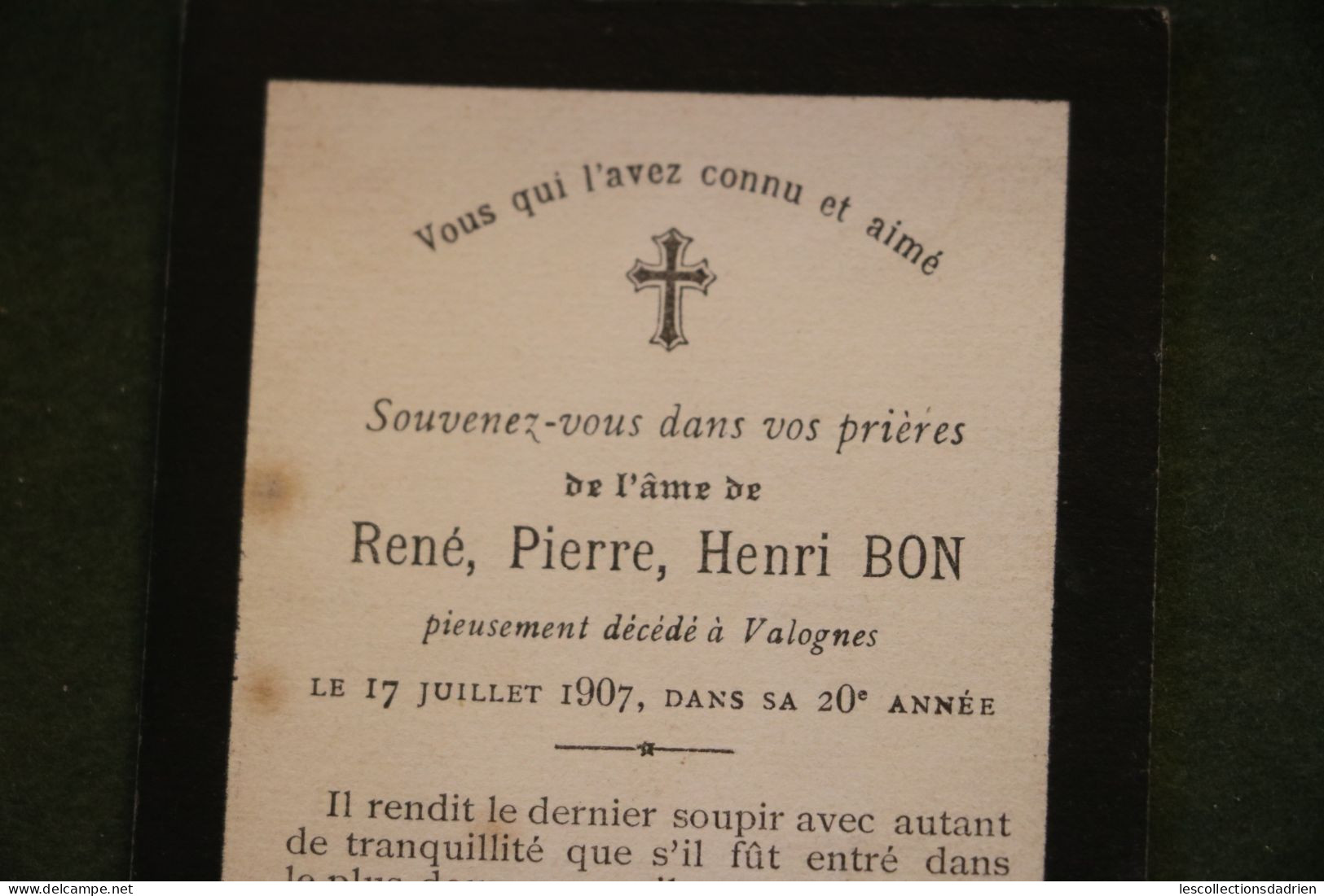 Image Mortuaire 1907 Monsieur René Bon Valogne -  Doodsprentje Bidprentje -  Croix Pensée Colombe - Obituary Notices