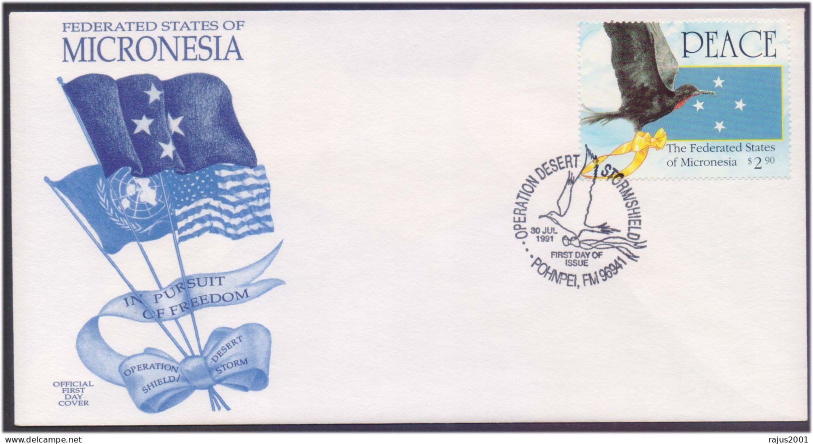 Operation Desert Shield Storm Dedicated To Those Who Served, Peace, Freedom, Flags, Bird Cancellation FDC Micronesia - Covers