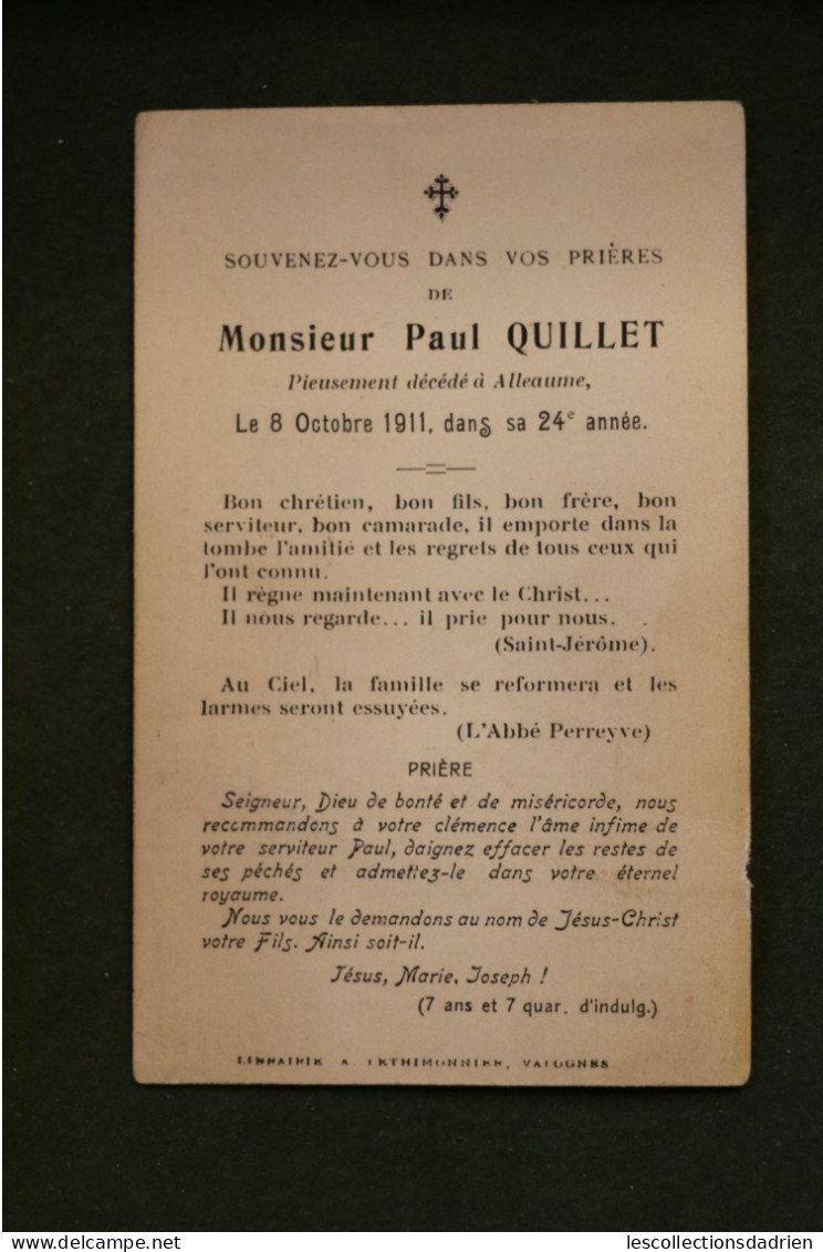 Image Mortuaire 1911 Monsieur Paul Quillet  Alleaume -  Doodsprentje Bidprentje -  Croix Palmes Patience - Décès