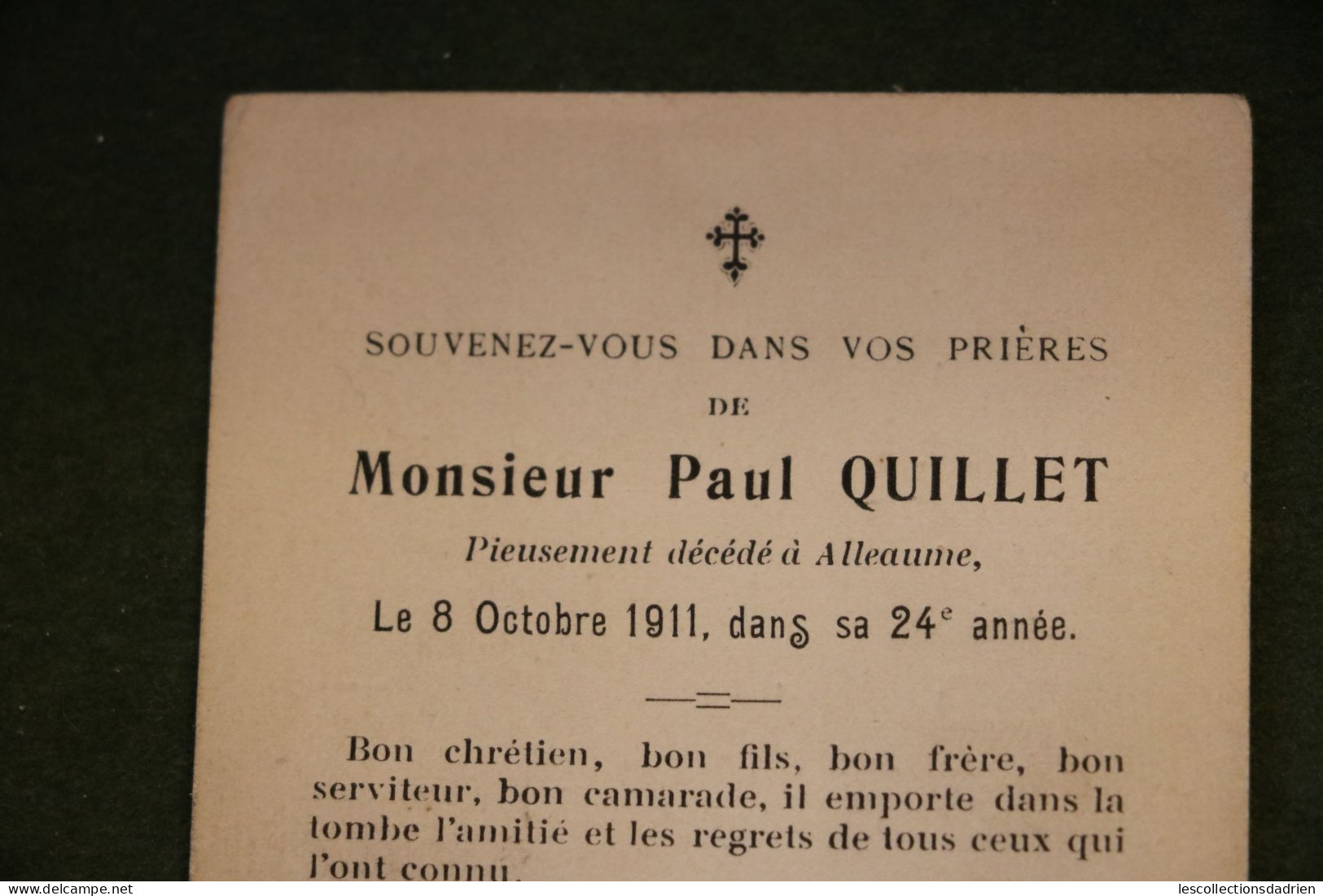 Image mortuaire 1911 Monsieur Paul Quillet  Alleaume -  doodsprentje Bidprentje -  croix palmes patience