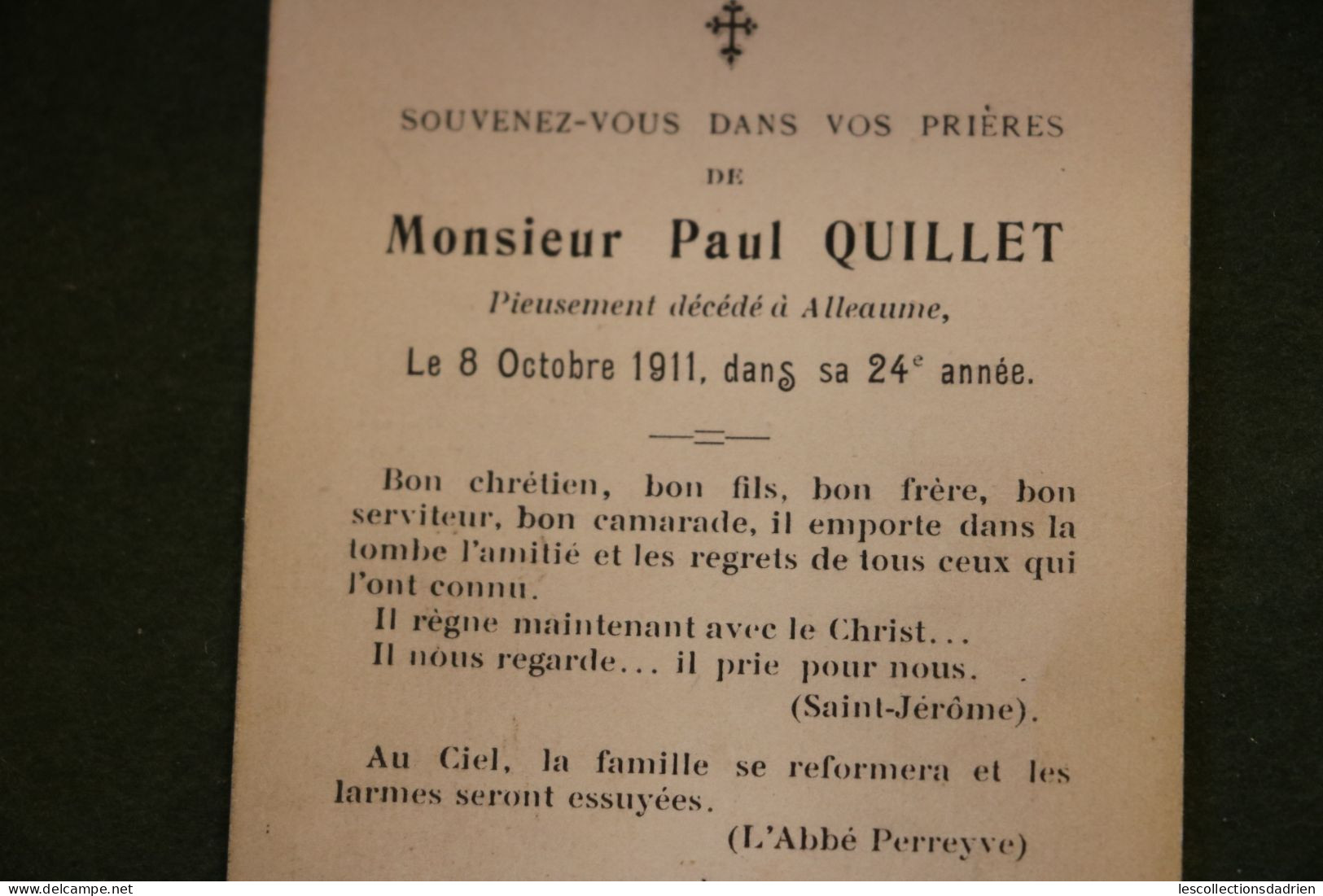 Image mortuaire 1911 Monsieur Paul Quillet  Alleaume -  doodsprentje Bidprentje -  croix palmes patience