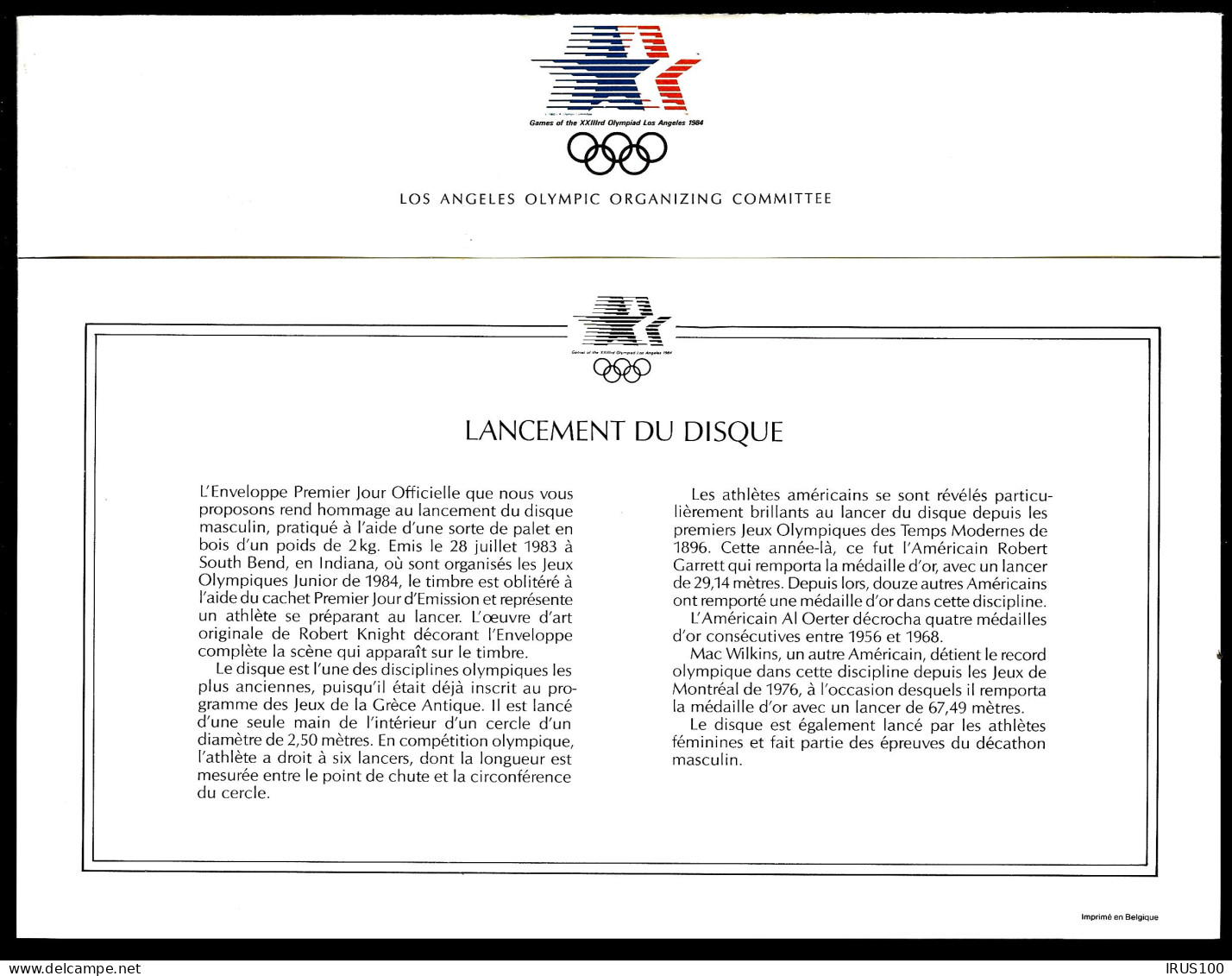 LANCEMENT DU DISQUE - USA JEUX OLYMPIQUES LOS ANGELES - Leichtathletik