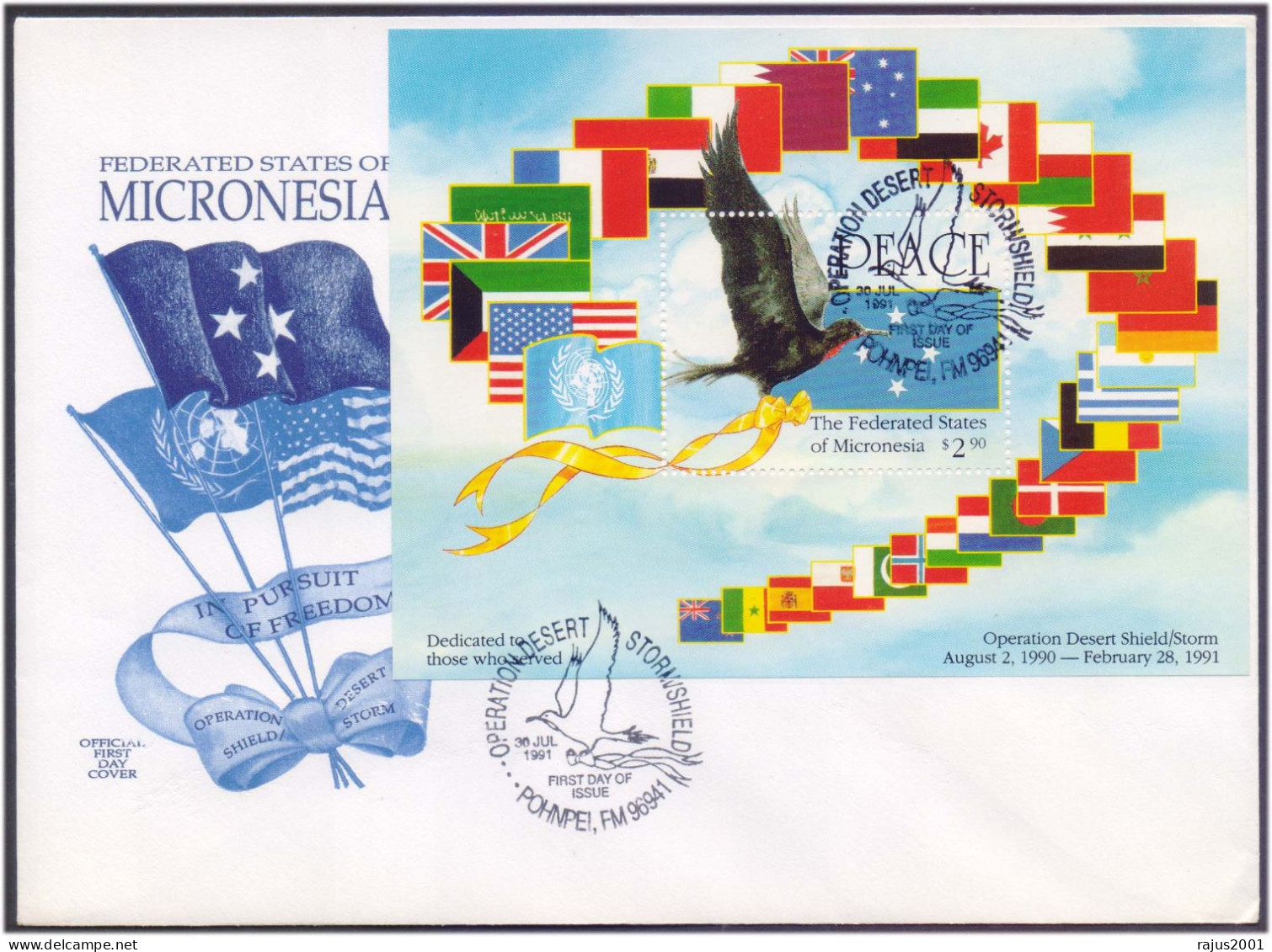 Operation Desert Shield Storm Dedicated To Those Who Served, Peace, Freedom, Flags, Bird, MS FDC Micronesia - Sobres