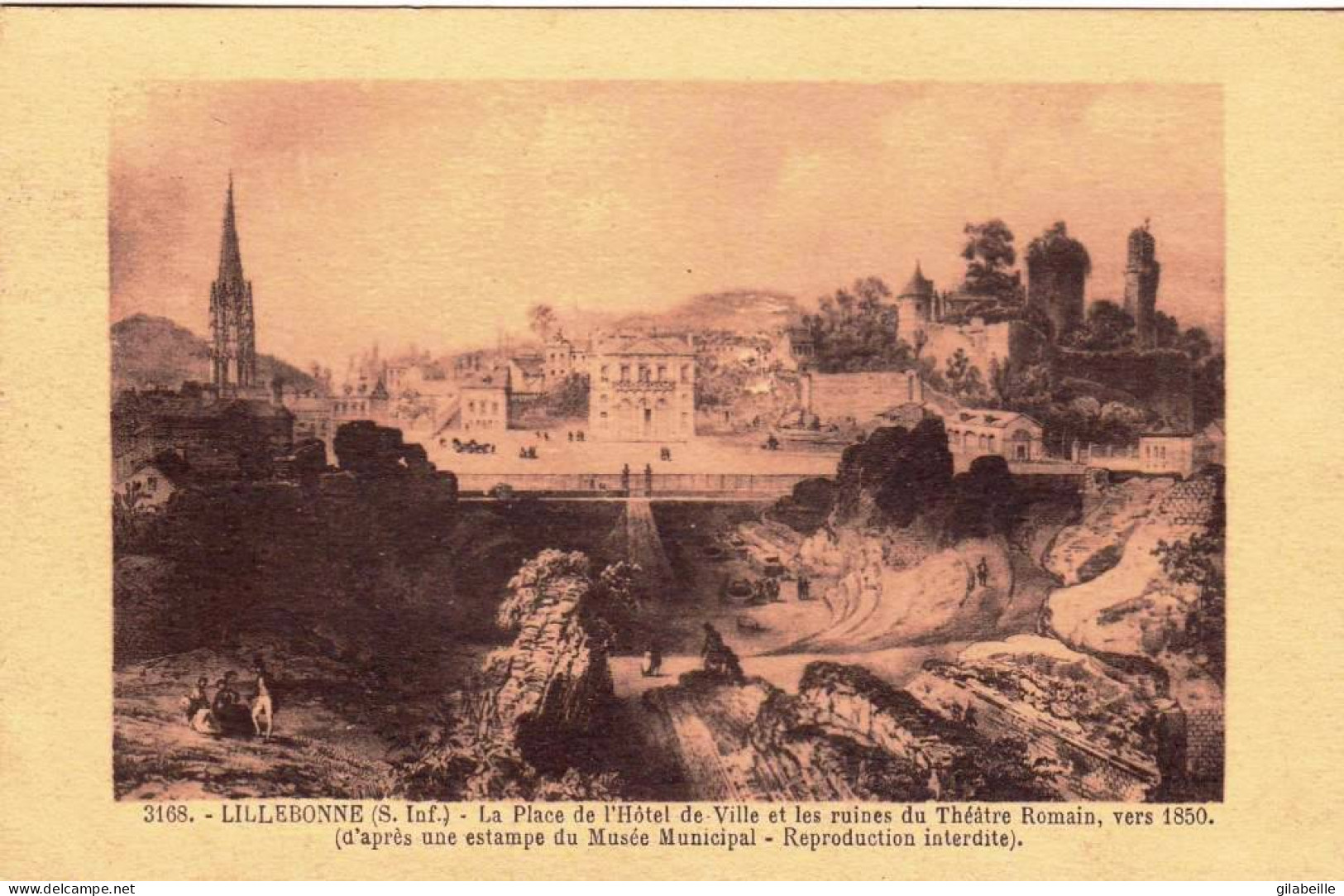 76 - Seine Maritime - LIILEBONNE - La Place De L Hotel De Ville Et Les Ruines Du Theatre Romain Vers 1850 - Lillebonne