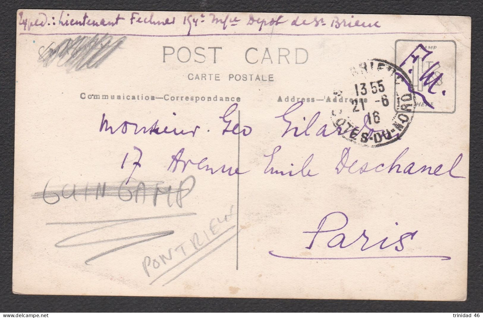 PONTRIEUX 22  ( CARTE PHOTO ) 1916 FRANCHISE MILITAIRE DU LIEUTENANT FECHINES 154 EME DE ST BRIEUC A MR GILARD - Pontrieux
