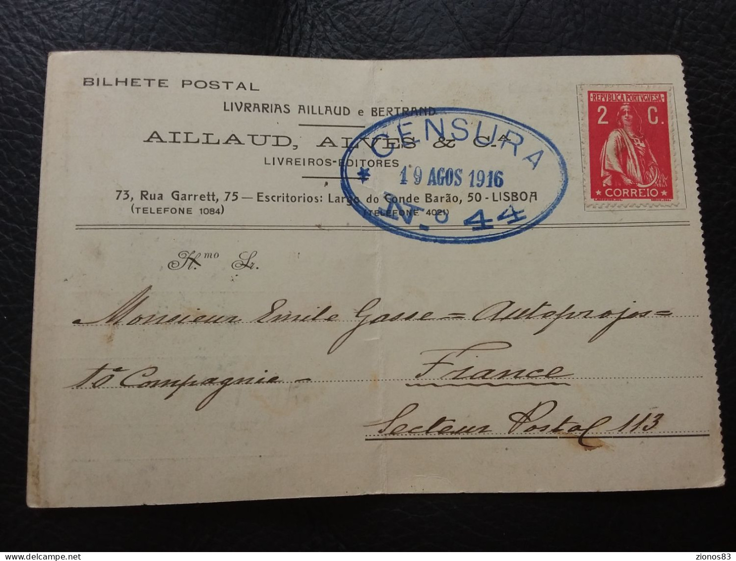 Bilhete Postal Lisbonne Destination France CENSURA 19 AGOS 1916 - Lettres & Documents