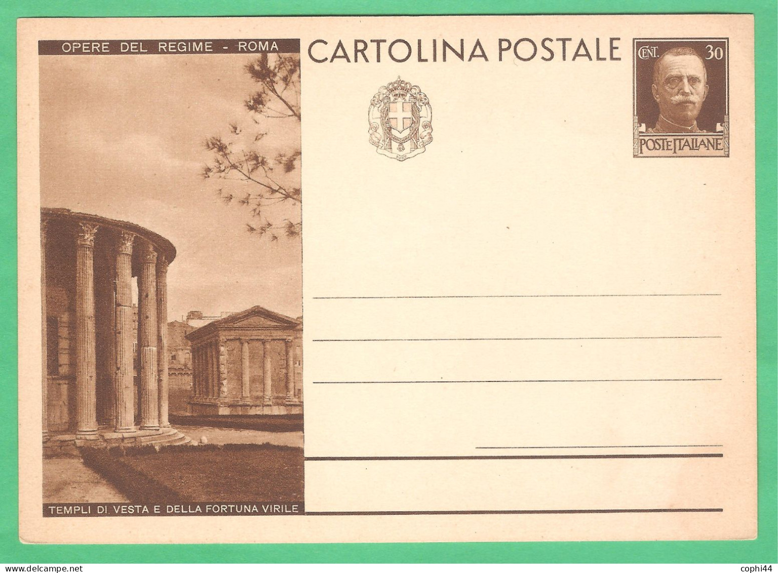 REGNO D'ITALIA 1931 CARTOLINA POSTALE VEIII OPERE DEL REGIME TEMPLI VESTA E FORTUNA 30 C Bruno (FILAGRANO C70-22) NUOVA - Stamped Stationery