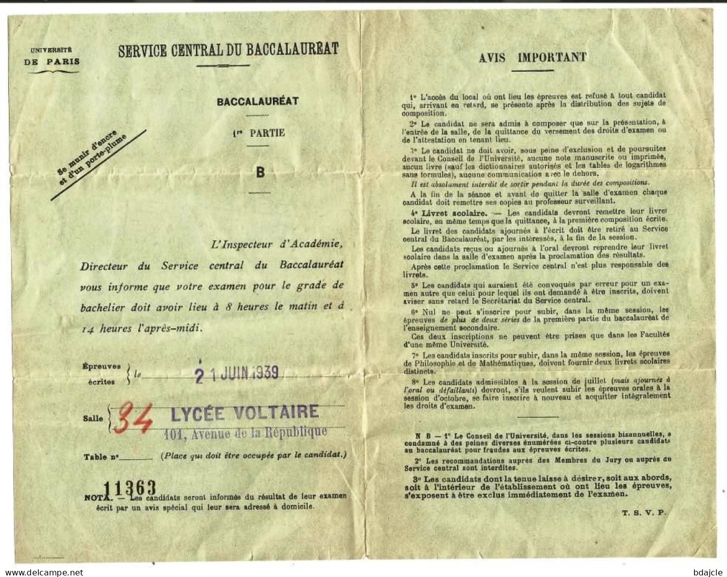 Convocation Au Baccalauréat - Lycée Voltaire - 14 Juin 1939 - Unclassified