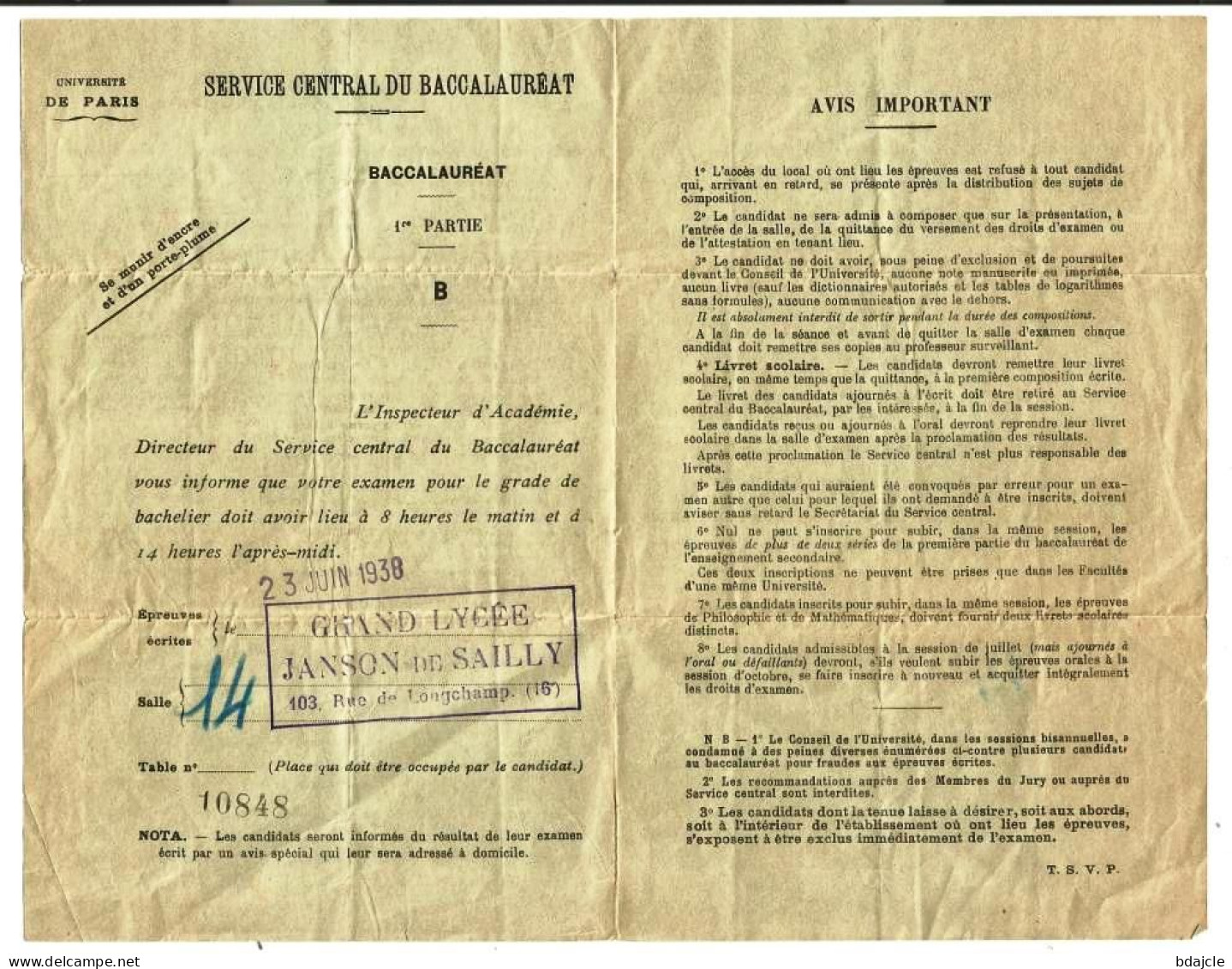 Convocation Au Baccalauréat - Janson De Sailly - 16 Juin 1938 - Unclassified