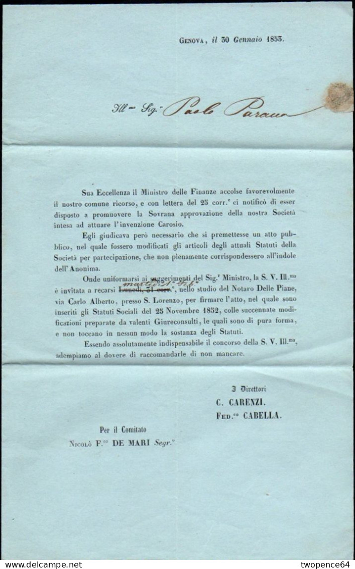 B14 - LETTERA DA GENOVA 1853 - ...-1850 Préphilatélie