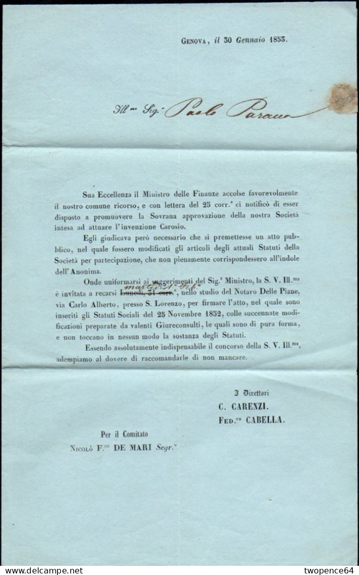 B14 - LETTERA DA GENOVA 1853 - 1. ...-1850 Prefilatelia