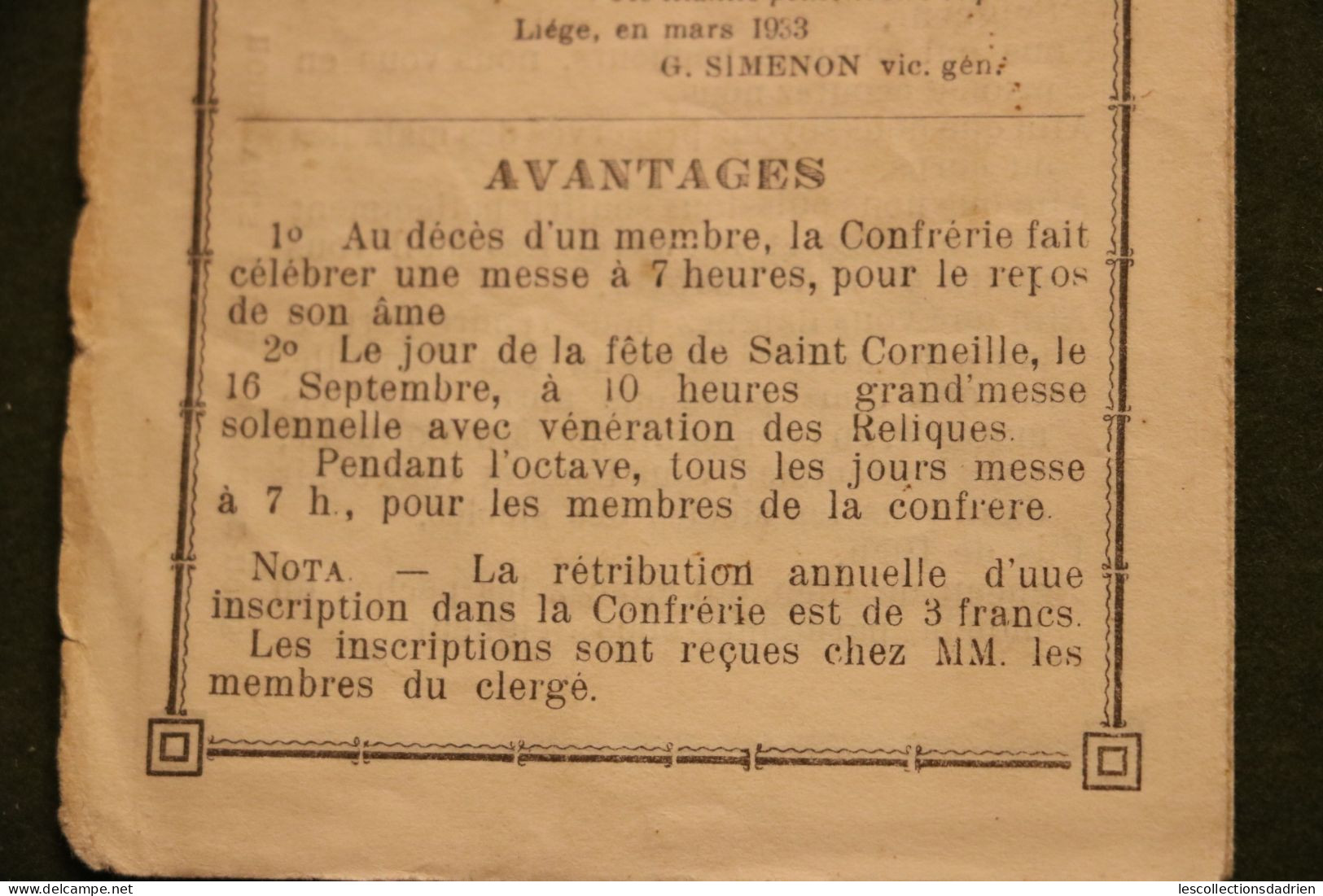 Prière à Saint Corneille 1933 - pray saint - Fêcher Micheroux Liège