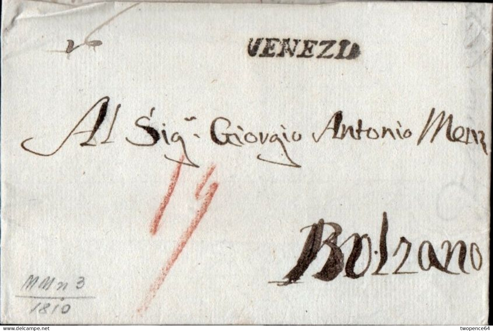 B15 - LETTERA PREFILATELICA DA VENEZIA A BOLZANO 1810 - NAPOLEONICA - ...-1850 Voorfilatelie
