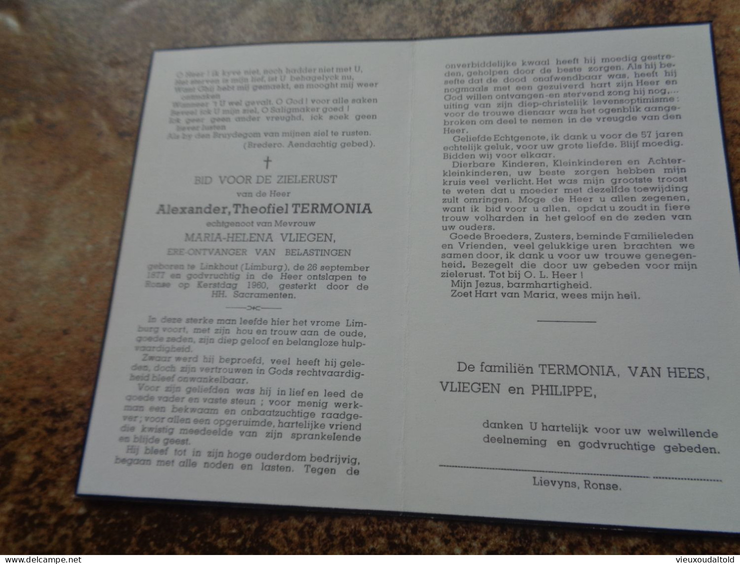 --Doodsprentje/Bidprentje  Alexander T.TERMONIA  Ere-Ontvanger Belasting   Linkhout 1877-1960 Ronse (Echtg M-H. VLIEGEN) - Other & Unclassified