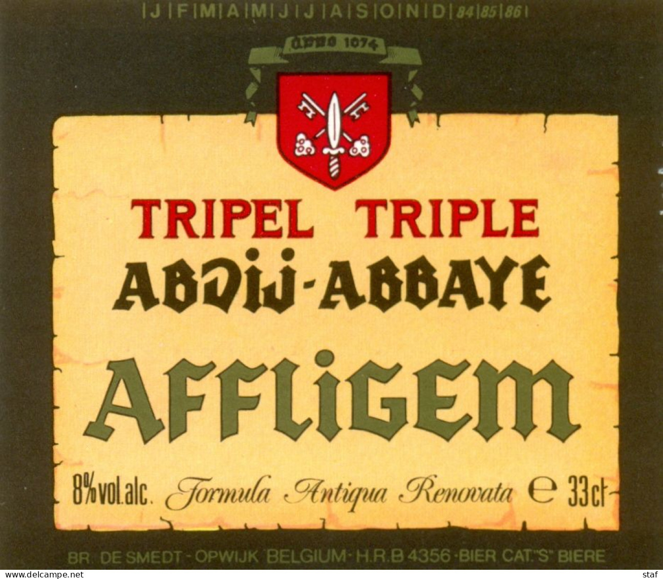 Oud Etiket Bier - Abdij - Abbaye Affligem Tripel Triple - Brouwerij / Brasserie De Smedt Te Opwijk - Beer