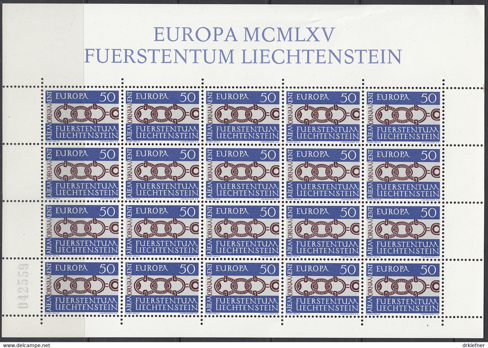 LIECHTENSTEIN 454, Kleinbogen, Postfrisch **,  Europa CEPT:  Gürtelschnalle 1965 - 1965