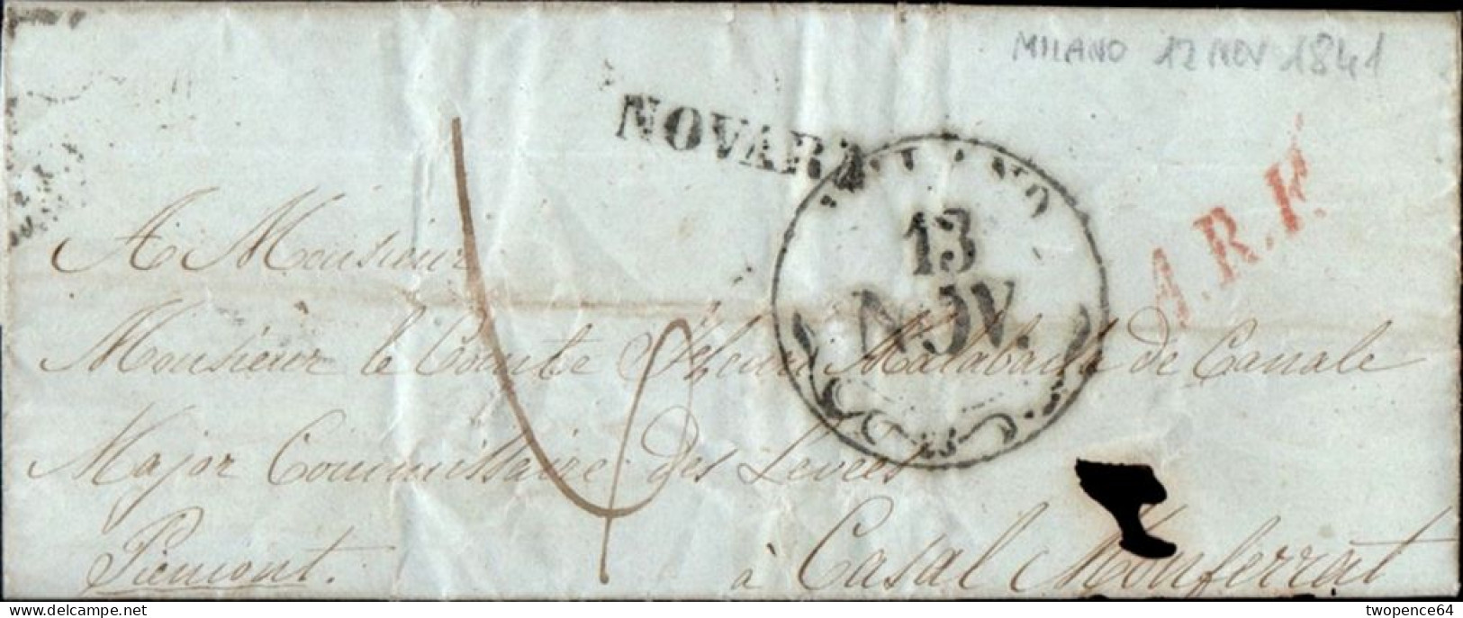 B18 - LETTERA PREFILATELICA DA MILANO A CASALE MONFERRATO 1841 - ...-1850 Préphilatélie