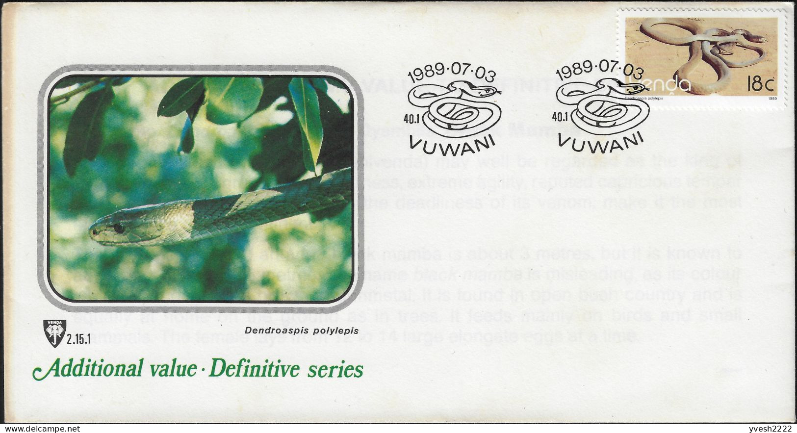 Venda 1989 Y&T 189 Sur FDC. Serpent, 18 C - Snakes