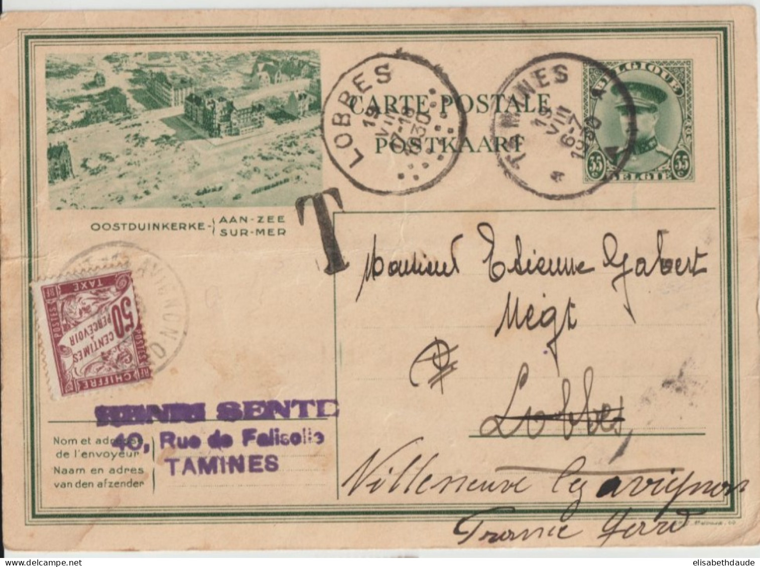 1930 - TAXE DUVAL - CP ENTIER ILLUSTREE De TAMINES => LOBBES READRESSEE => VILLENEUVE LES AVIGNON - Postcards 1909-1934