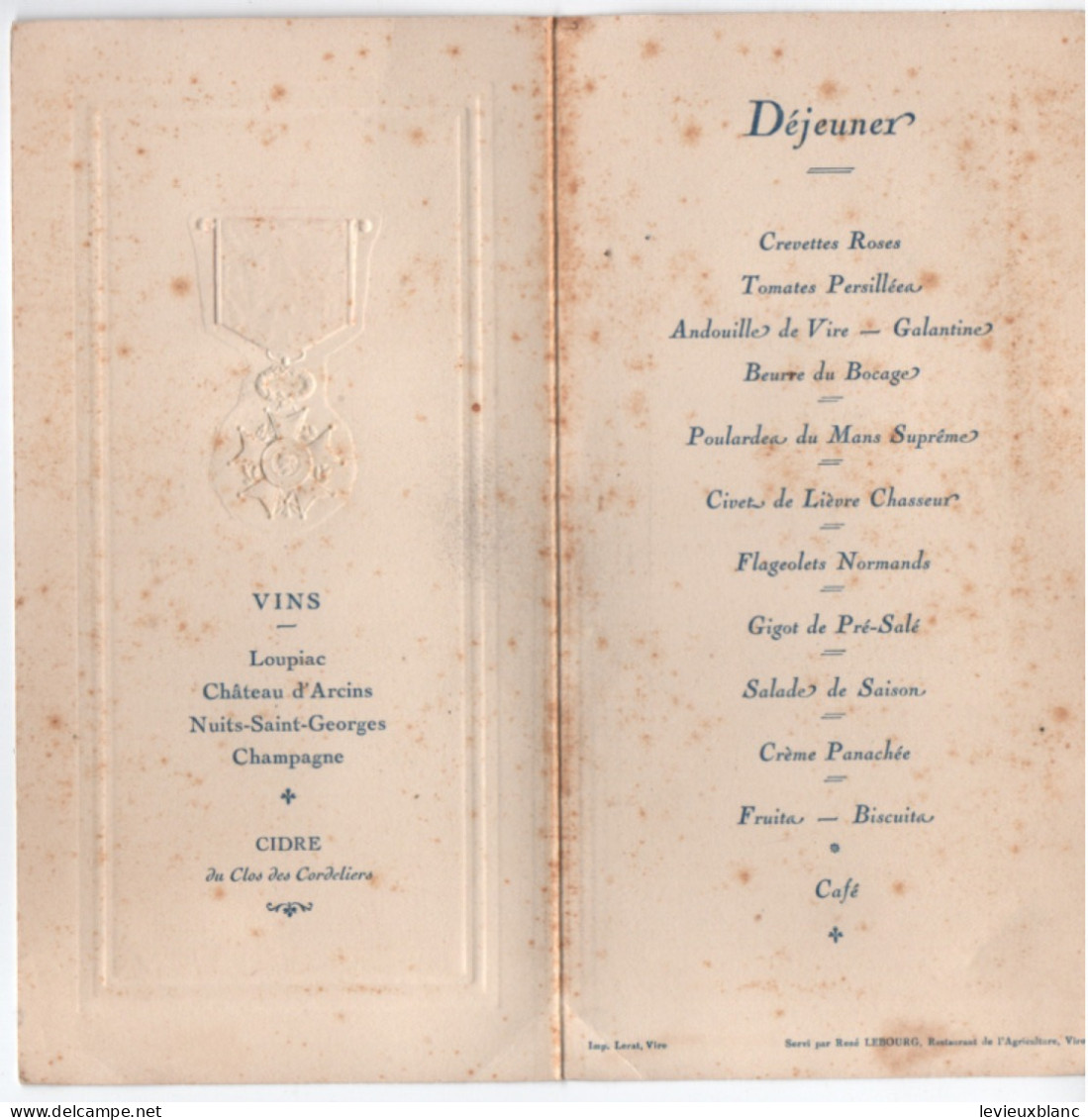 "Banquet offert à M Auguste MADELAINE " / Menu/ Conseiller d'arrondissement/ Légion d'Honneur/ 1929     MENU330