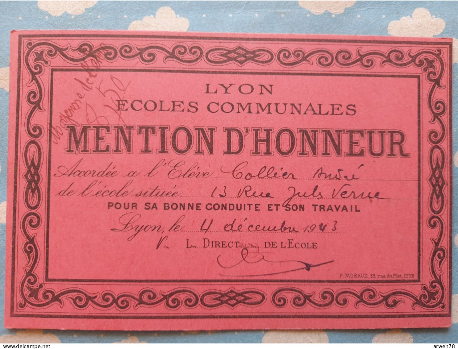 LYON écoles Communales BILLET MENTION D'HONNEUR 4 Decembre 1943 - Diplome Und Schulzeugnisse
