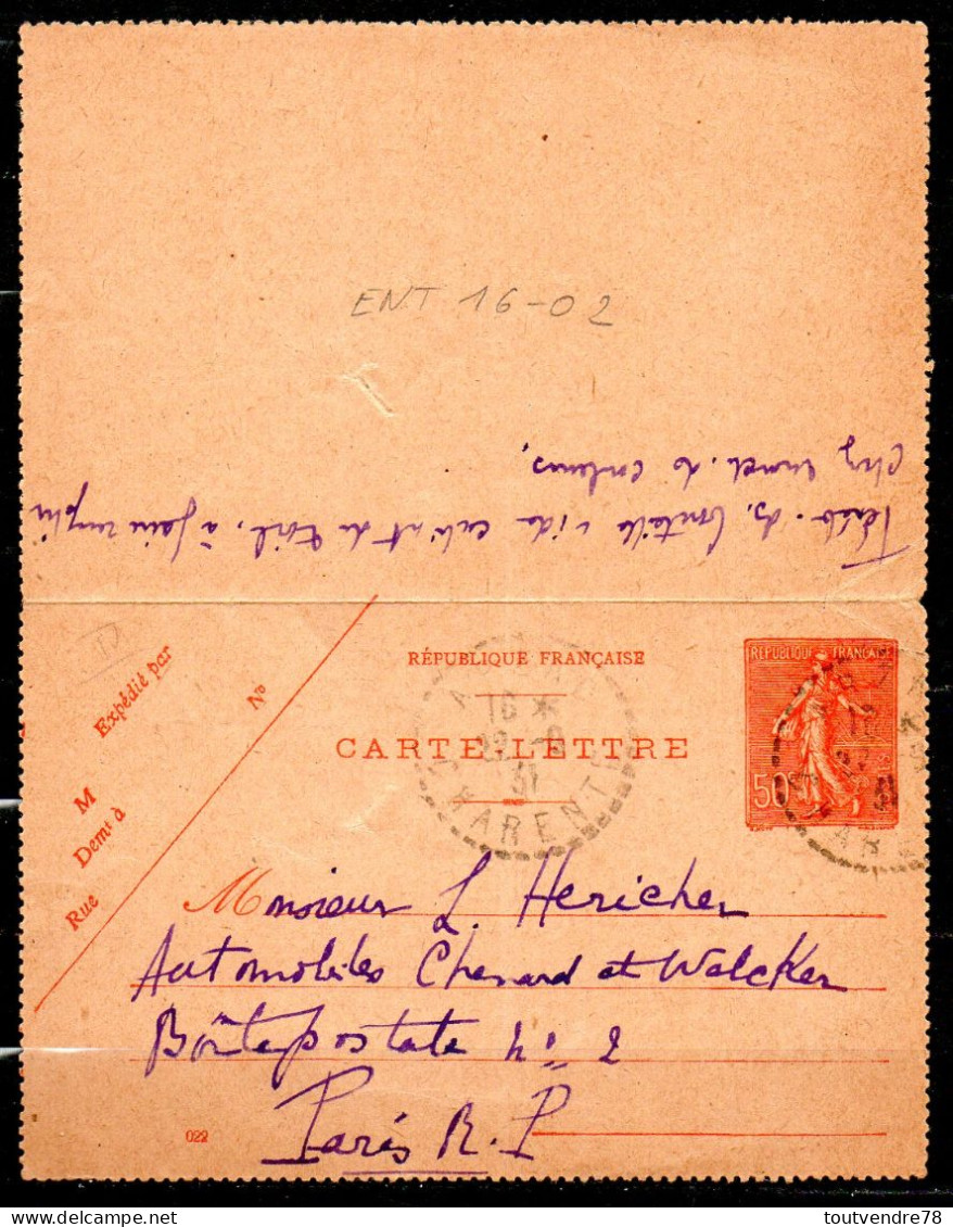 ENT16-02 : CL 50C Rouge Semeuse Lignée Daté 022 - Dept 16 (Charente) ABZAC 1931 Cachet Type B4 - Letter Cards