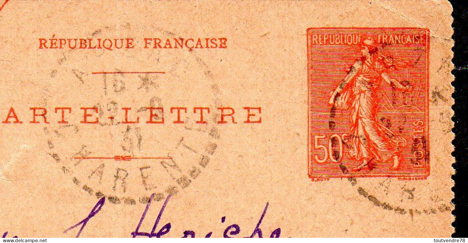 ENT16-02 : CL 50C Rouge Semeuse Lignée Daté 022 - Dept 16 (Charente) ABZAC 1931 Cachet Type B4 - Tarjetas Cartas