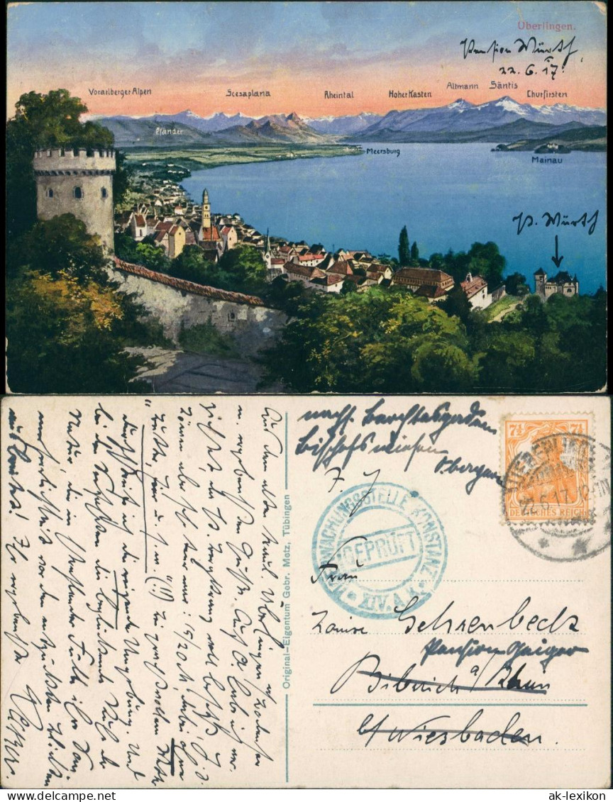 Überlingen Bodensee Panorama, Zensur-/Geprüft-Stempel 1. WK 1917 - Überlingen