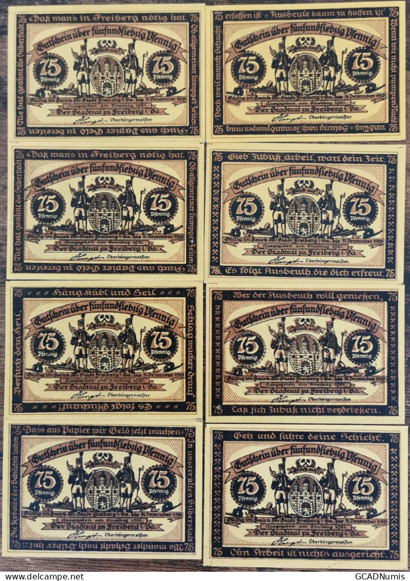 Lot 8 Billets Allemagne FREIBERG 8x 75 Pfennig 1921 - UNC  Mehl 379.4 - [11] Emisiones Locales